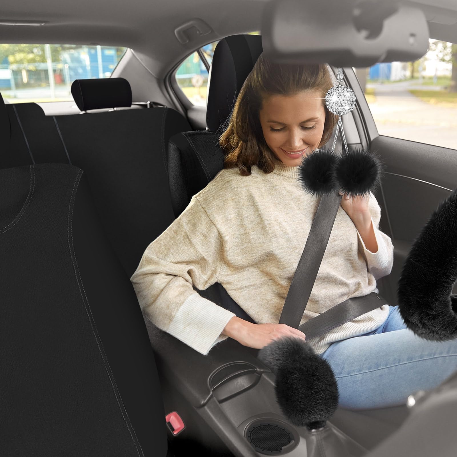 Woanger 47-Piece Luxury Car Seat Cover Set - Premium Fluffy Steering Wheel Cover, Seat Belt Covers & Floor Mats - Universal Fit for Most Vehicles (Black) - Perfect for Winter Comfort & Car Interior Decoration