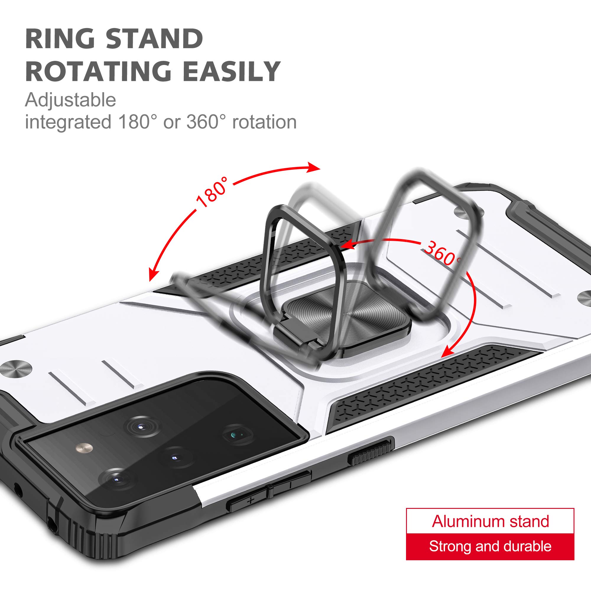 Military Grade Shockproof Case for Samsung Galaxy S21 5G - Ultra Slim Armor Ring Holder with Rotatable Kickstand | Durable TPU Bumper & Hard PC Protection (Silver) | Perfect for Outdoor Activities, Travel & Daily Use