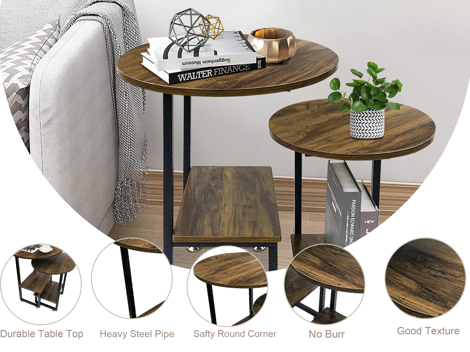 Beey Round Nesting Coffee Table Set of 2 - Farmhouse Style Wood & Metal End Tables with Sturdy Frame - Reclaimed Oak Finish - Perfect for Living Room, Balcony, or Bedroom Decor