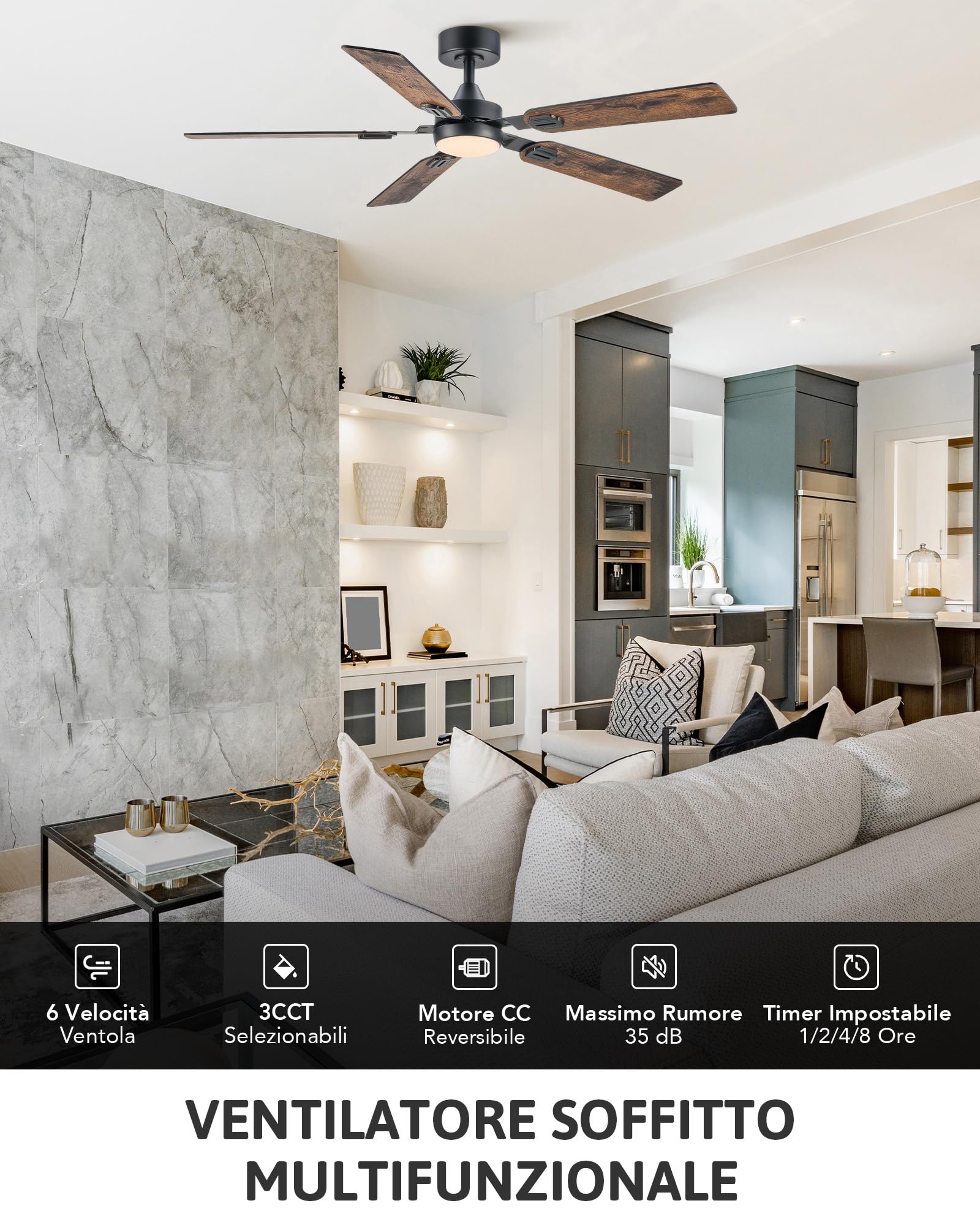 VONLUCE 52 Inch Smart Ceiling Fan with Light Kit, Remote Control, 5 Blades, Dual Finish DC Motor, Reversible & Silent 6-Speed - Perfect for Bedroom, Living Room, Study, and Home Office