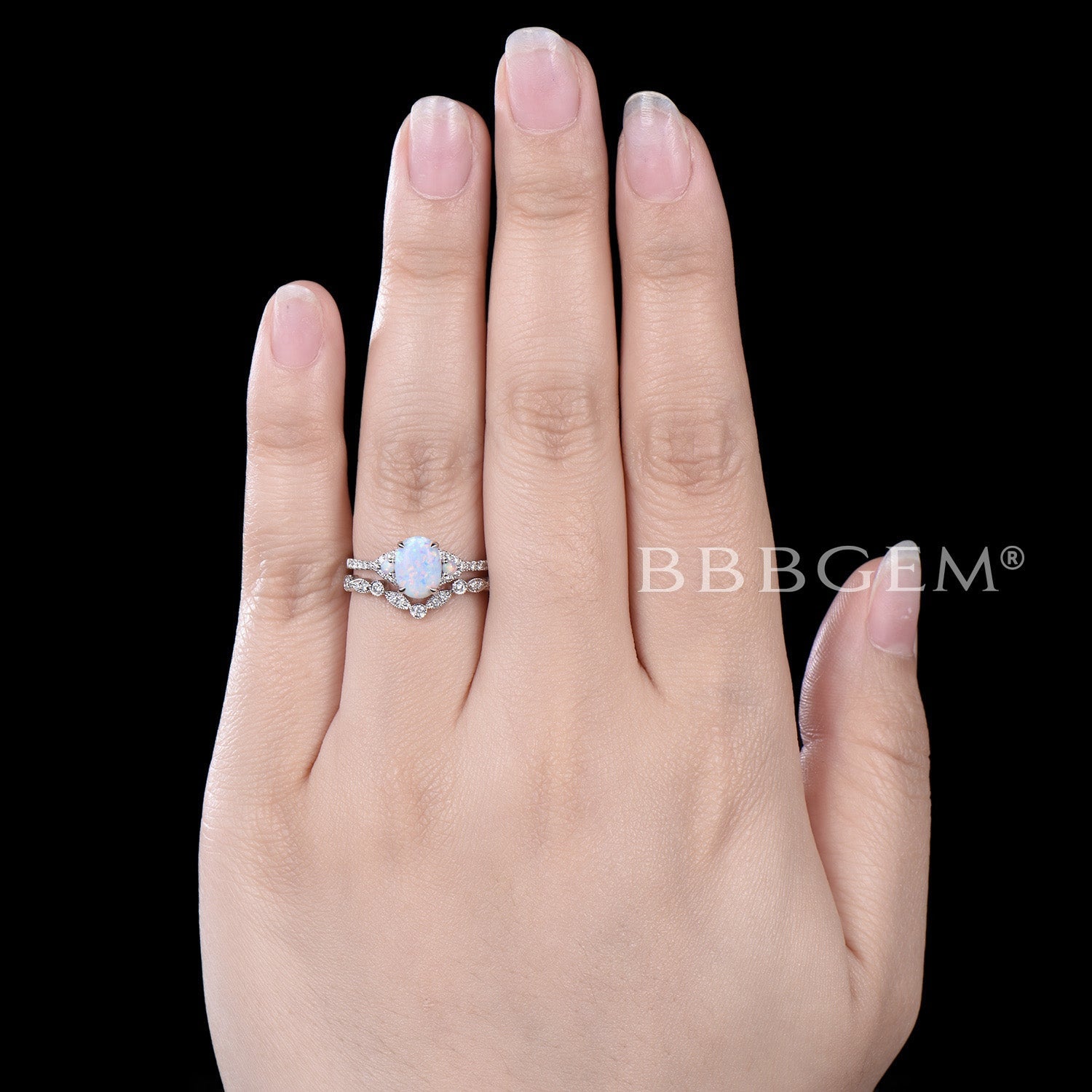 Three Stone Oval Opal Wedding Engagement Ring Set in Rose Gold with Diamond Matching Band - Perfect for Proposals, Anniversaries & Bridal Jewelry