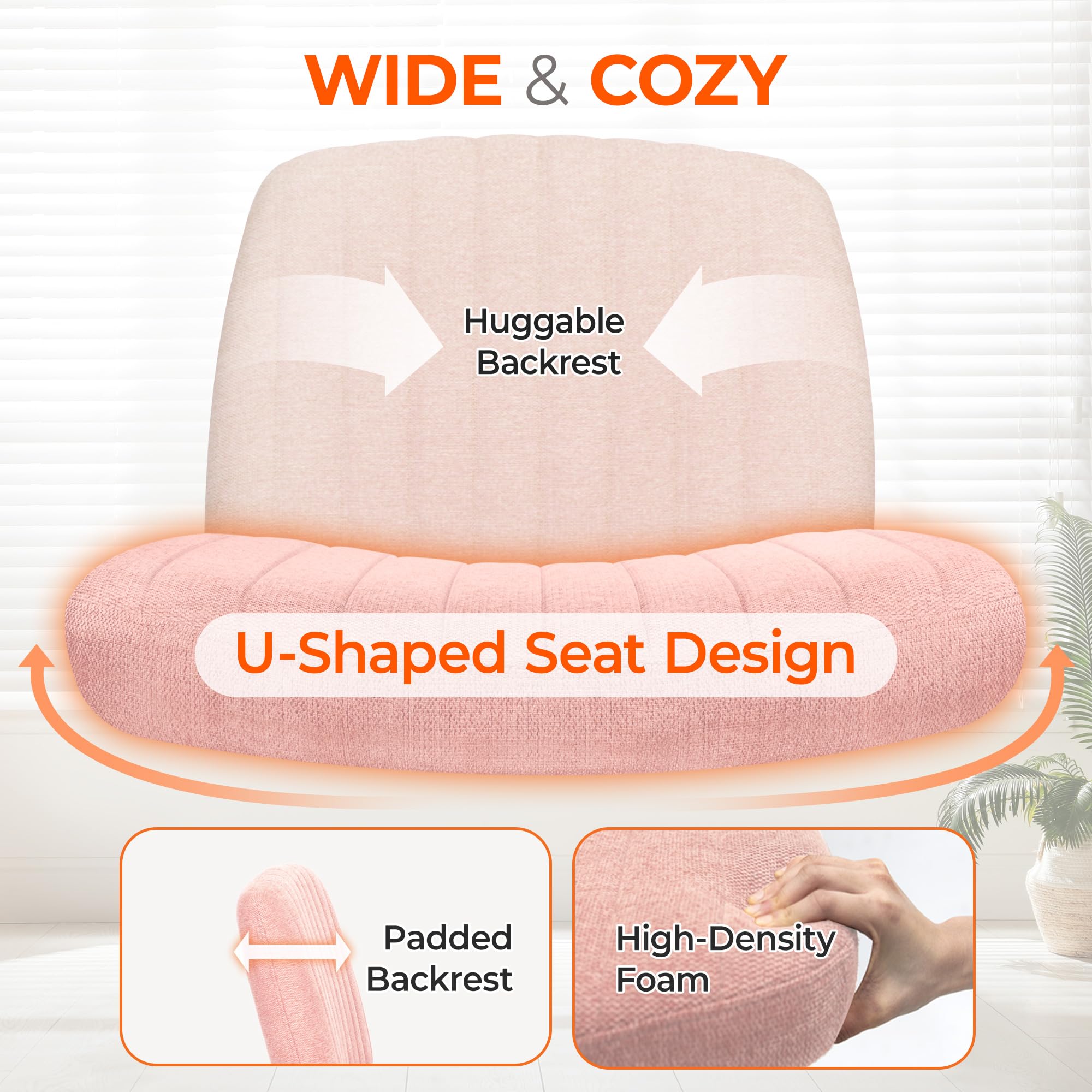 Orange Factory Criss Cross Chair with Wheels - Adjustable Rolling Armless Office Chair for Home & Desk, Comfy Cross-Legged Vanity Makeup Chair in Soft Fabric (Pink) - Perfect for Home Office, Gaming & Beauty Stations
