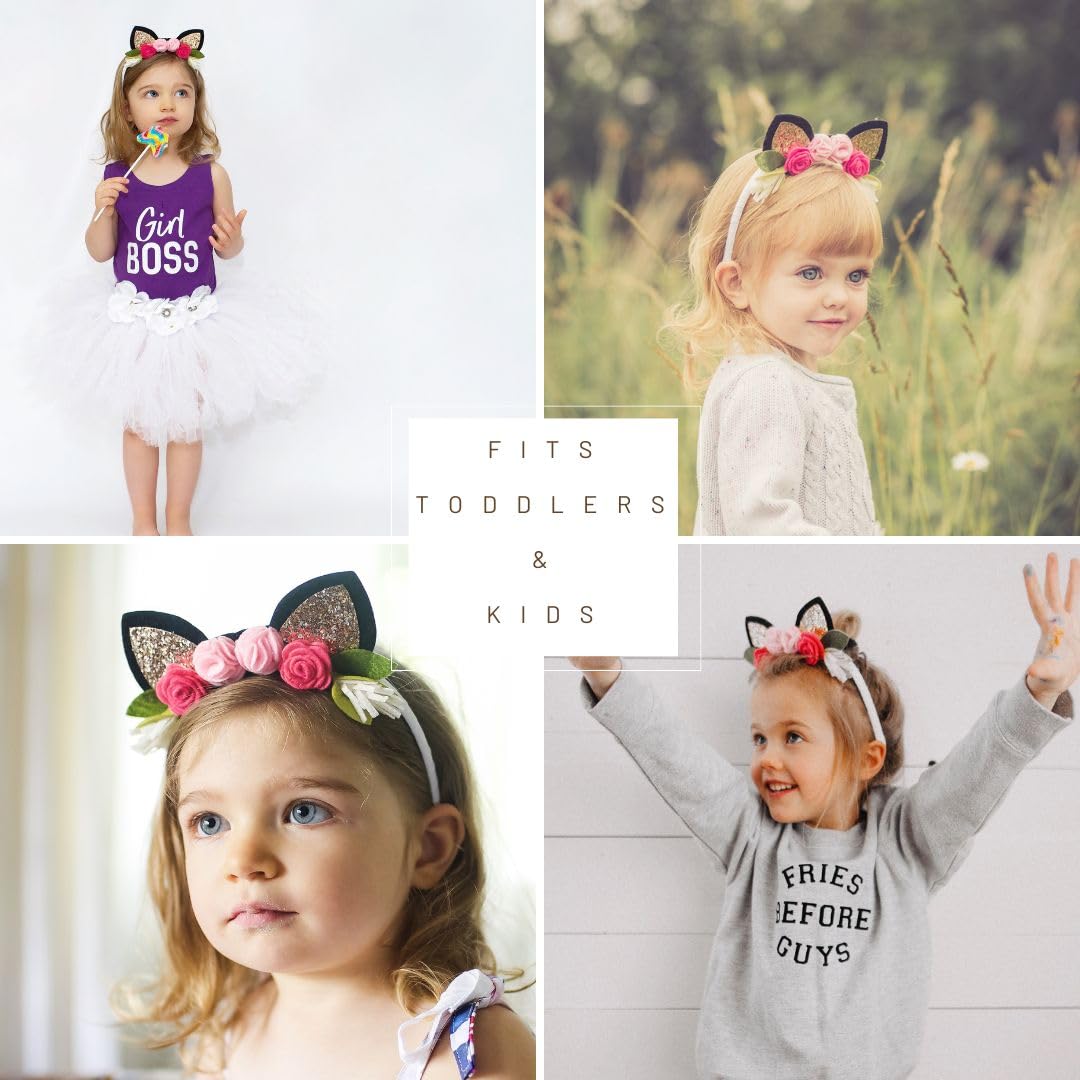 Cute Cat Ear Headband with Glitter Ears & Felt Flower Crown for Girls, Toddlers & Kids | Cat Costume Hair Accessories | Perfect for Halloween, Dress Up & Birthday Parties