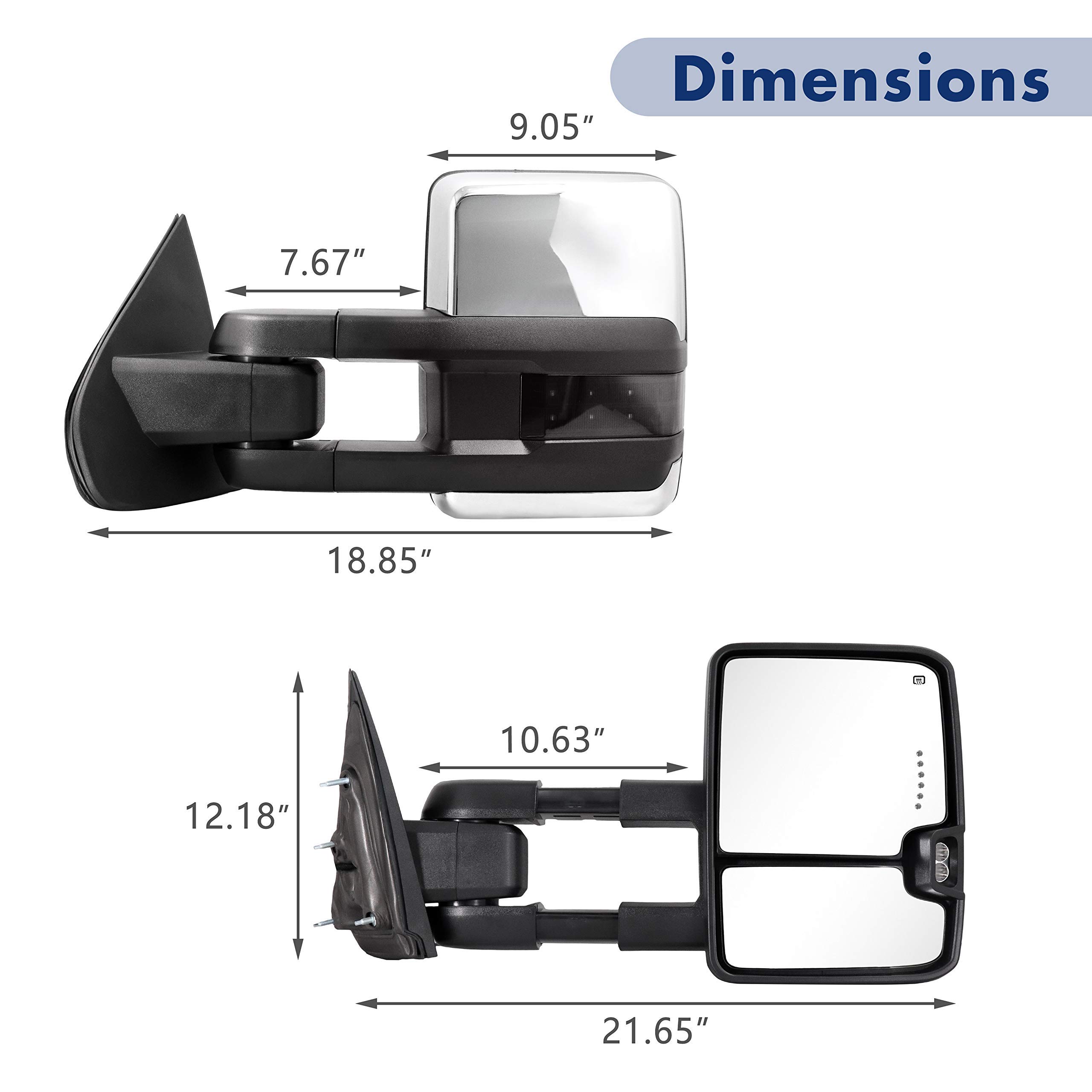 Heated Power-Adjustable Towing Mirrors for 2014-2018 Chevy Silverado & GMC Sierra 1500/2500/3500 HD - Chrome Back with Running Lights & Turn Signals - Perfect for Towing, Off-Roading & Night Driving