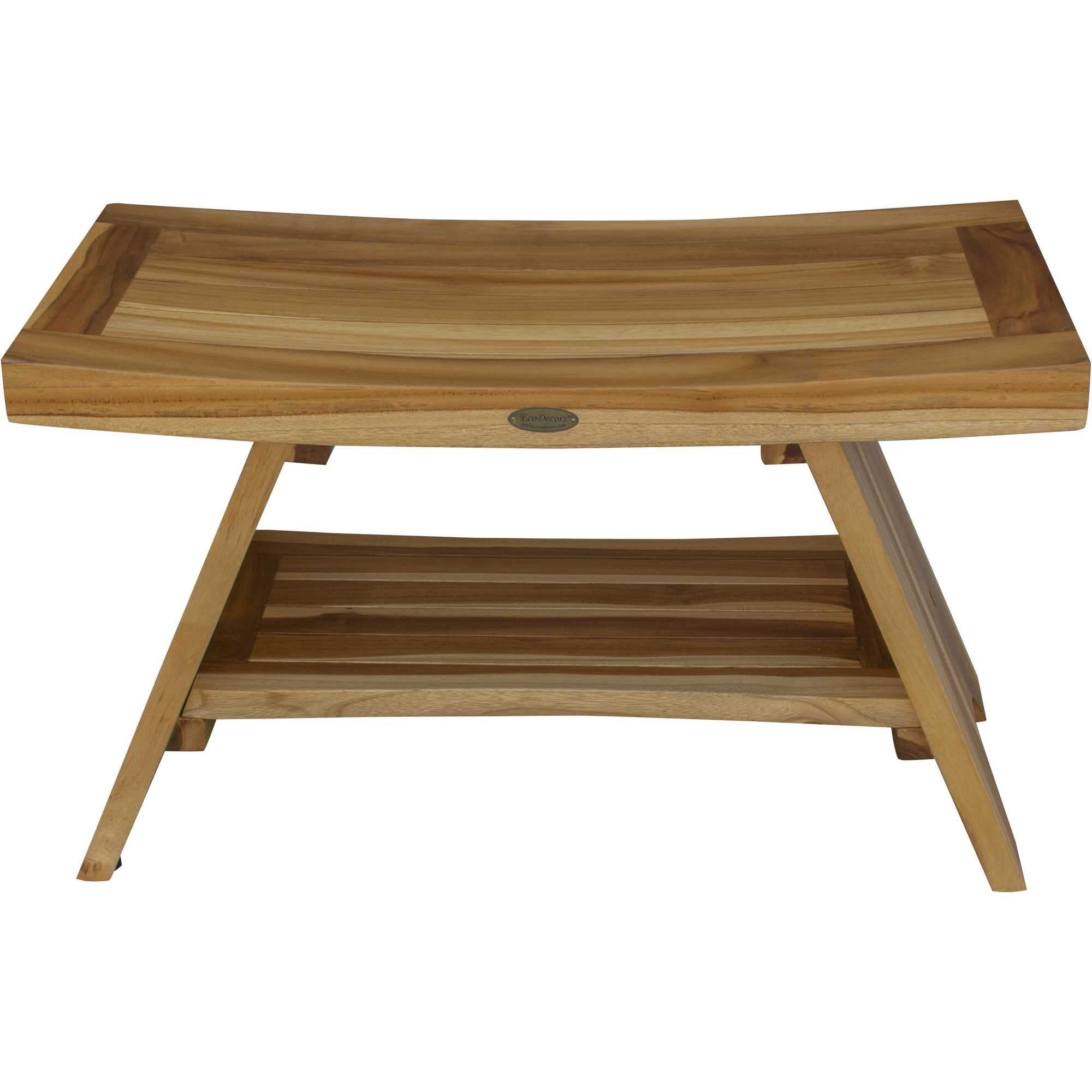 Natural Teak Shower Bench with Shelf - Compact Curved Design for Bathroom & Outdoor Use - Waterproof Solid Wood Stool for Spa, Poolside, or Garden Decor