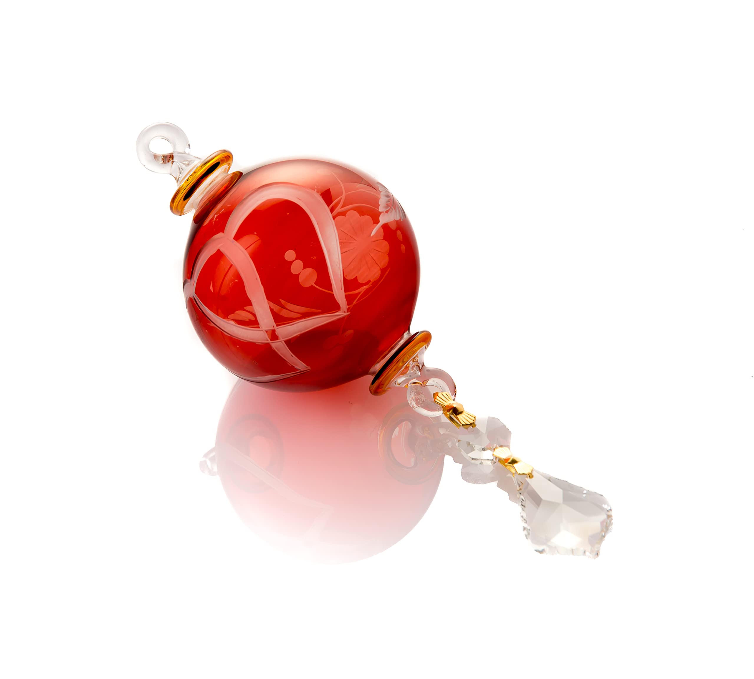 Handmade Blown Glass Christmas Ornaments - Red Glass Ball with Gold Accents & Crystal Drop - Engraved Holiday Decor for Christmas Tree - Perfect for Home Decor, New Year Gifts & Winter Wedding Decorations