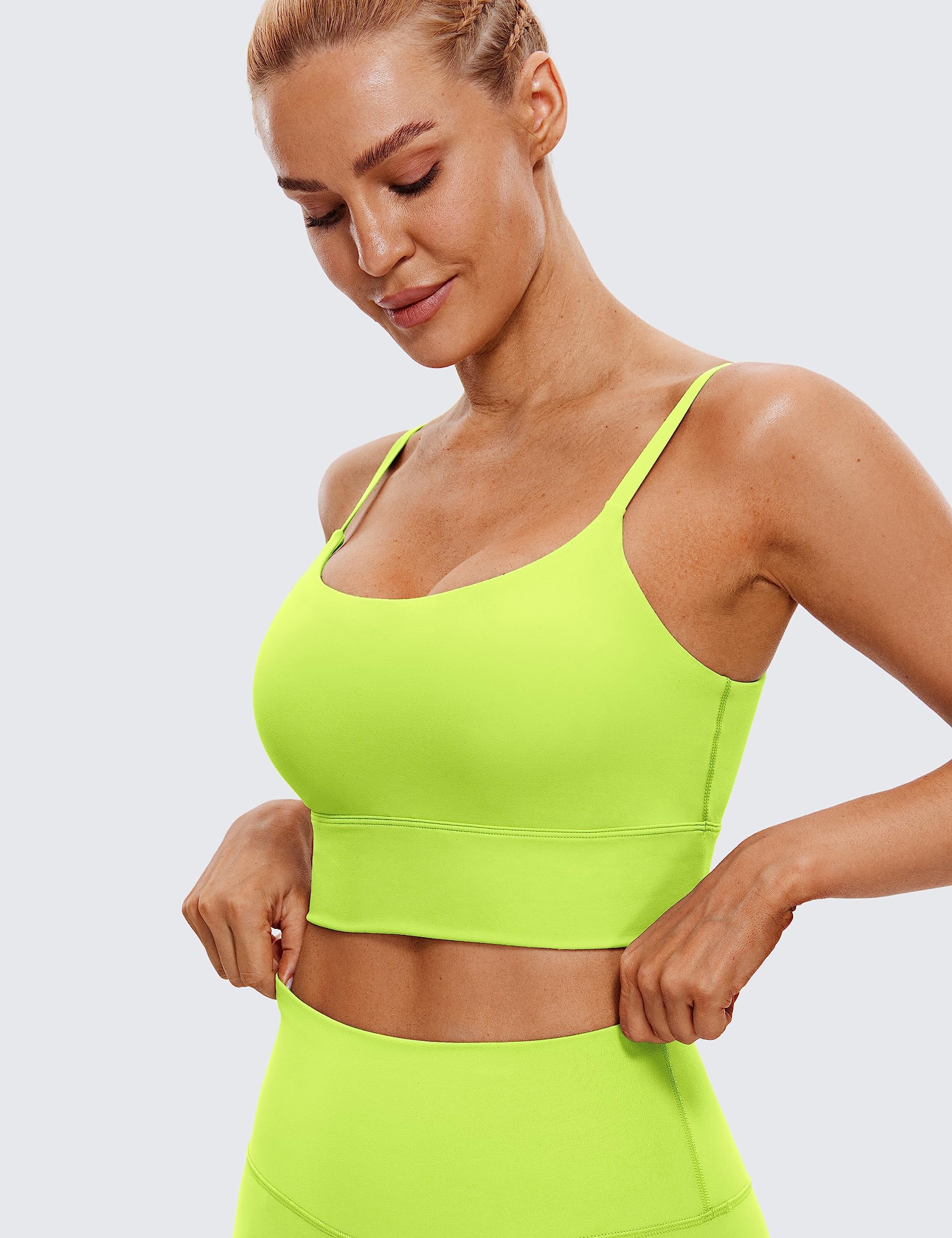 CRZ YOGA Adjustable Longline Sports Bra for Women - Wireless Workout Padded Yoga Camisole with V Back Design - Cropped Tank Tops for Running, Gym & Yoga