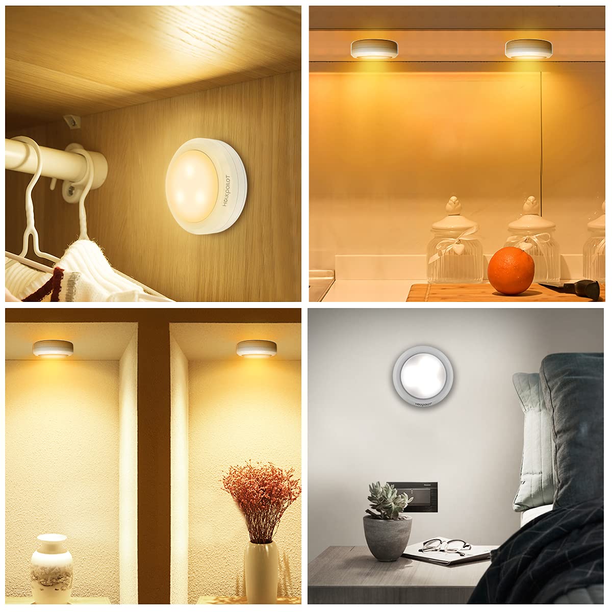 HOLKPOILOT 6-Pack Puck Lights with Remote Control - Battery Operated Under Cabinet Lighting for Kitchen, Counter, Ceiling & Closet - Stick-On White LED Puck Lights for Home Decor & Task Lighting
