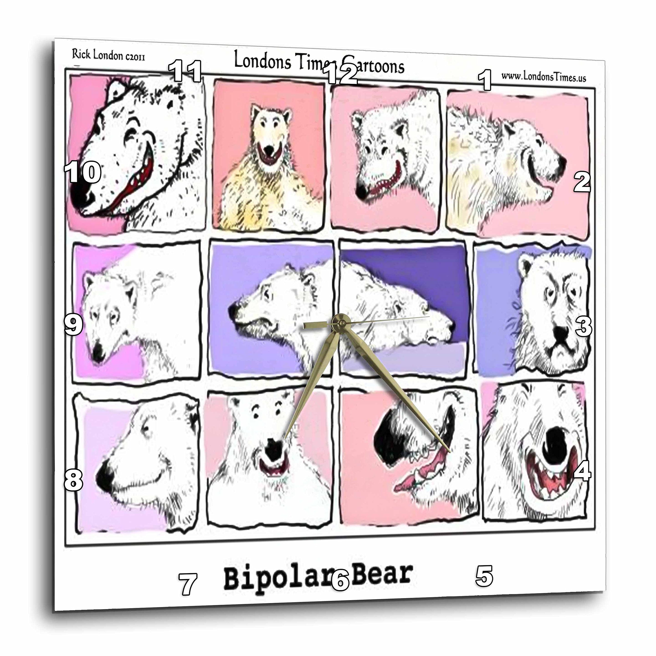 3dRose London's Times Offbeat Cartoons Psychiatry Mental Health - Bipolar Bear Funny Wall Clock - 13x13 Inches Unique Home Decor for Psychiatrists, Therapists & Mental Health Awareness - Perfect for Offices, Clinics & Humorous Gifts