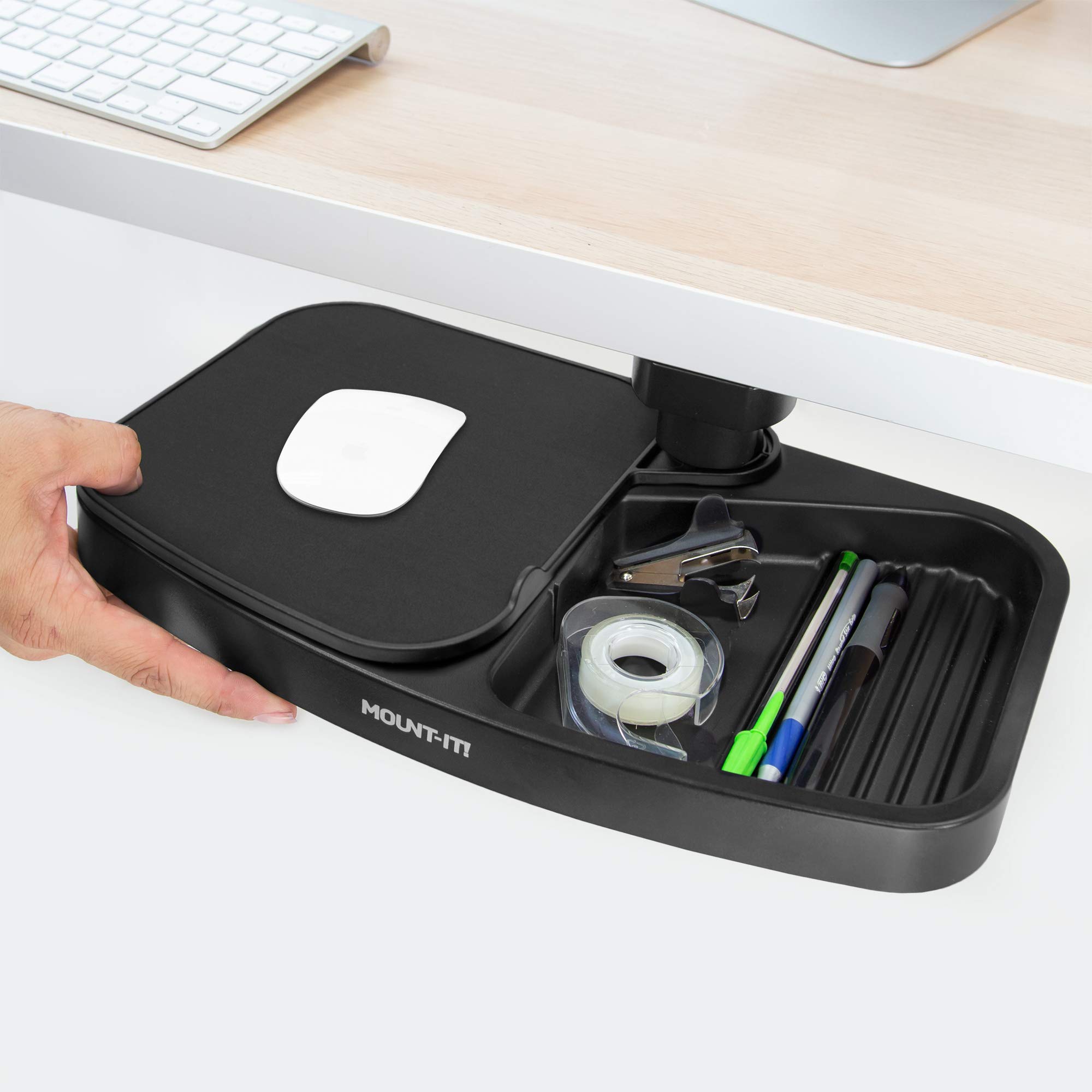 Mount-It! Under Desk Swivel Storage Tray with Mouse Pad - Ergonomic Undermount Shelf Organizer for Pens, Pencils, Paper & Office Supplies | Fits Desktops, Tables & Workbenches | Perfect for Home Office, Workspace & Gaming Setup