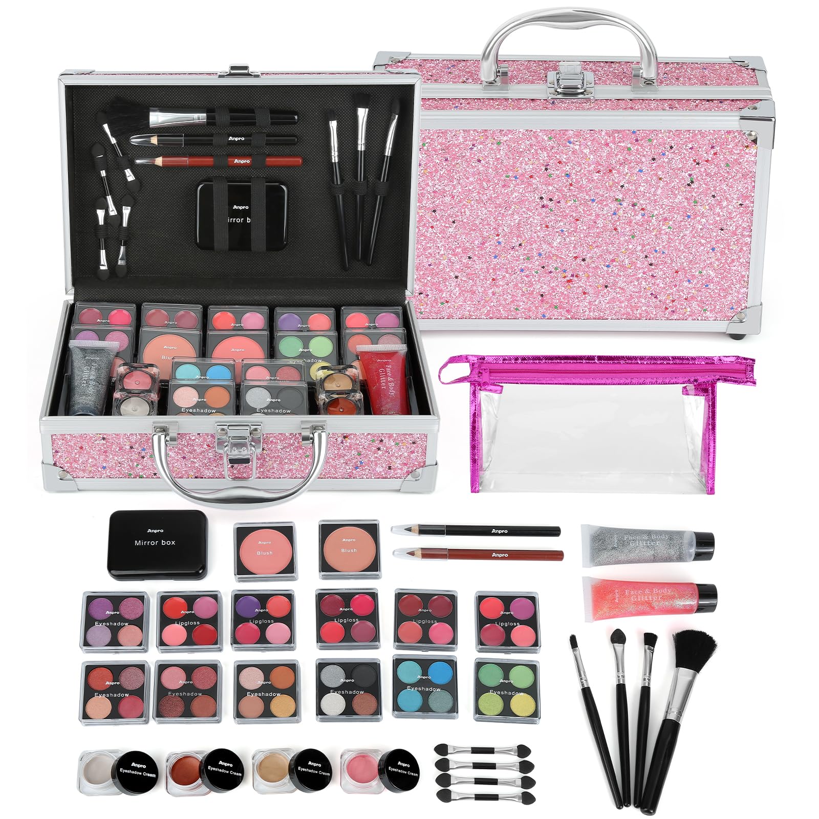 Anpro All-In-One Makeup Carry Case with Professional Teen Makeup Set - Complete Starter Cosmetics Kit Includes Makeup Brushes, Lipsticks, Eye Shadow Palette, Blushes & Glitter Gel (Pink) | Perfect for Travel, School, Parties & Gift Giving
