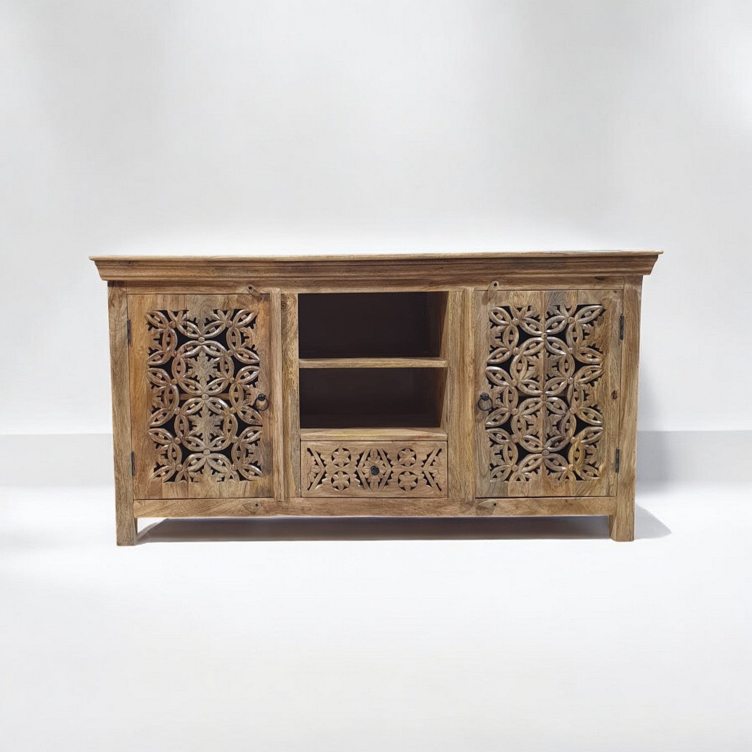Handmade Carved Indian Mango Wood 2 Door 1 Drawer Sideboard Cabinet - Natural Finish for Dining Room, Living Room & Entryway Storage