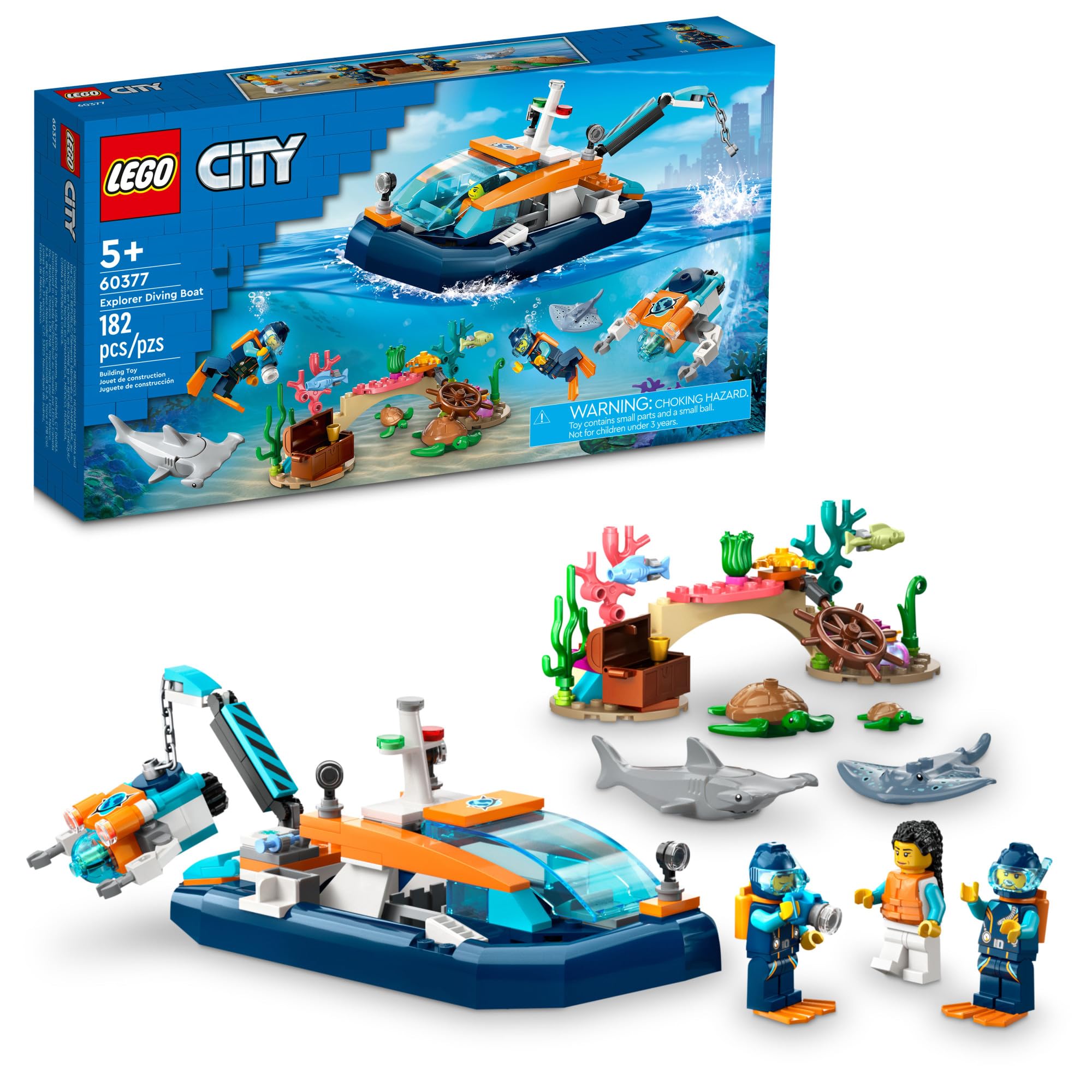 LEGO City Explorer Diving Boat 60377 - Ocean Adventure Building Toy Set with Mini-Submarine, 3 Minifigures & Sea Creatures (Shark, Manta Ray, Crab, Turtles, Fish) | Perfect for Underwater Exploration Play & STEM Learning