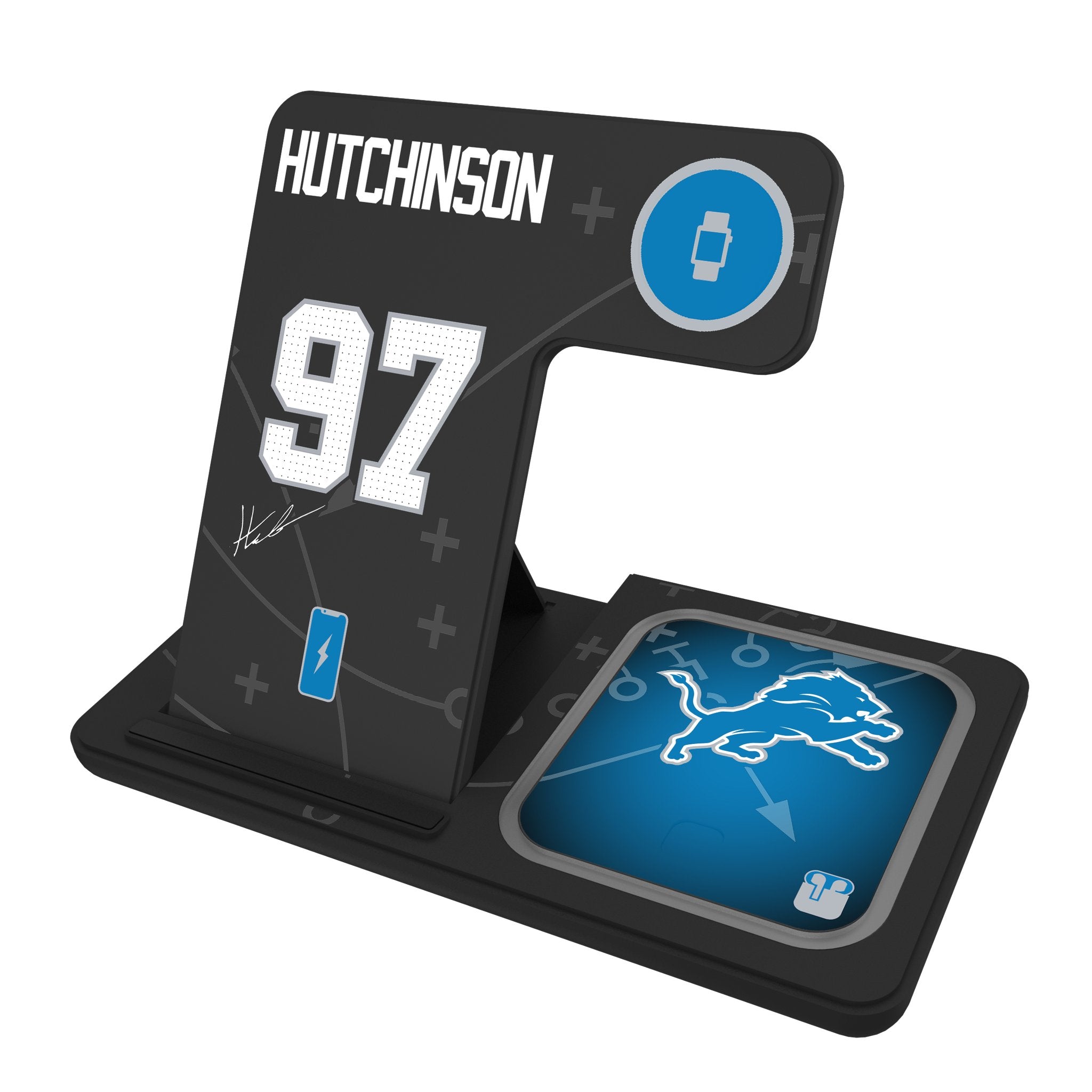 Aidan Hutchinson Detroit Lions 97 Ready 3-in-1 Wireless Charging Station - Fast Charging for iPhone, Android & AirPods - Perfect for Home, Office & Car Use