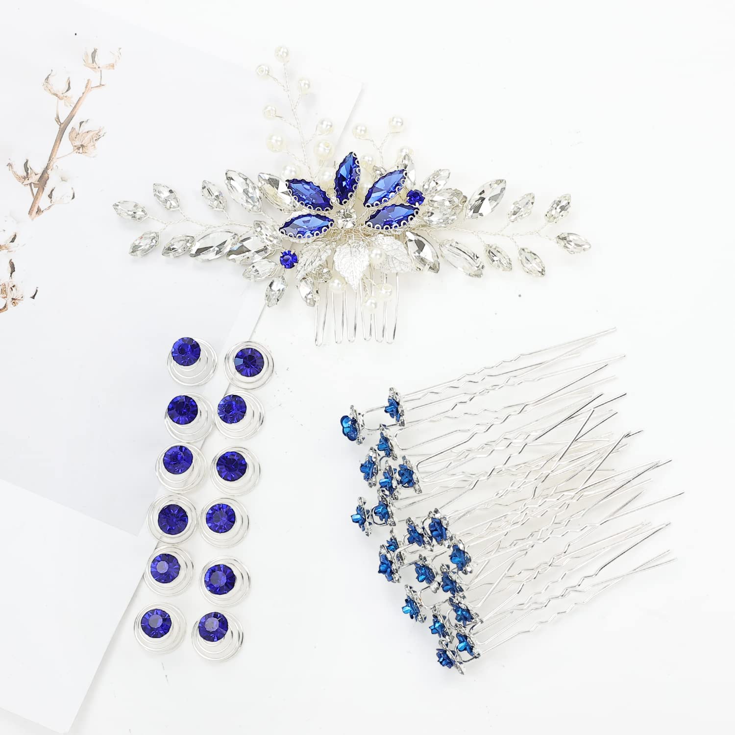 33 Pack Royal Blue Rhinestone Pearl Crystal Flower Bridal Hair Combs, Spiral Clips & U-Pins - Wedding Hair Accessories for Women, Brides & Bridesmaids - Perfect for Bridal Showers, Weddings & Special Occasions