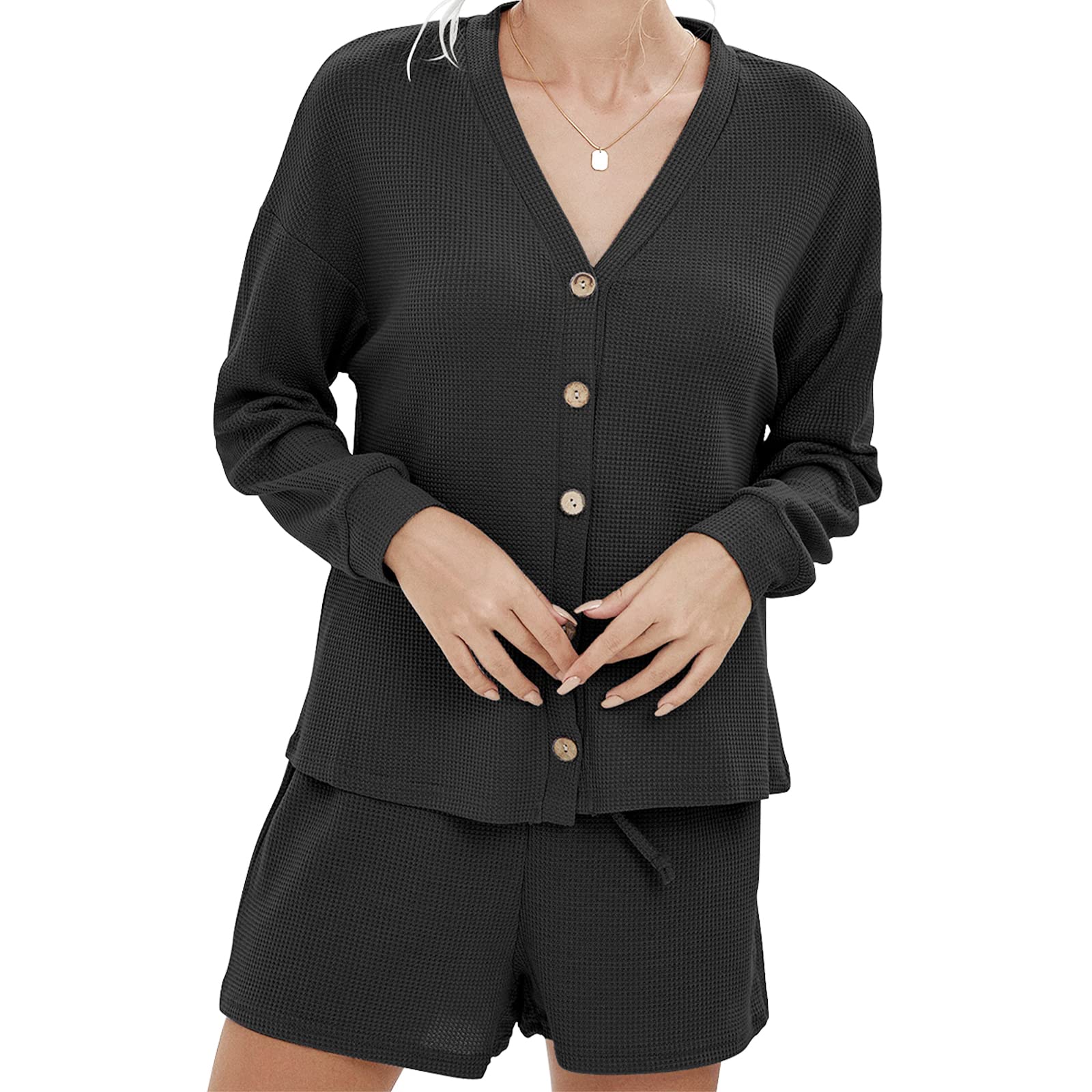 Women's 2-Piece Loungewear Set - V-Neck Long Sleeve Button Down Waffle Top & Shorts | Casual Outfit for Home, Travel & Relaxation