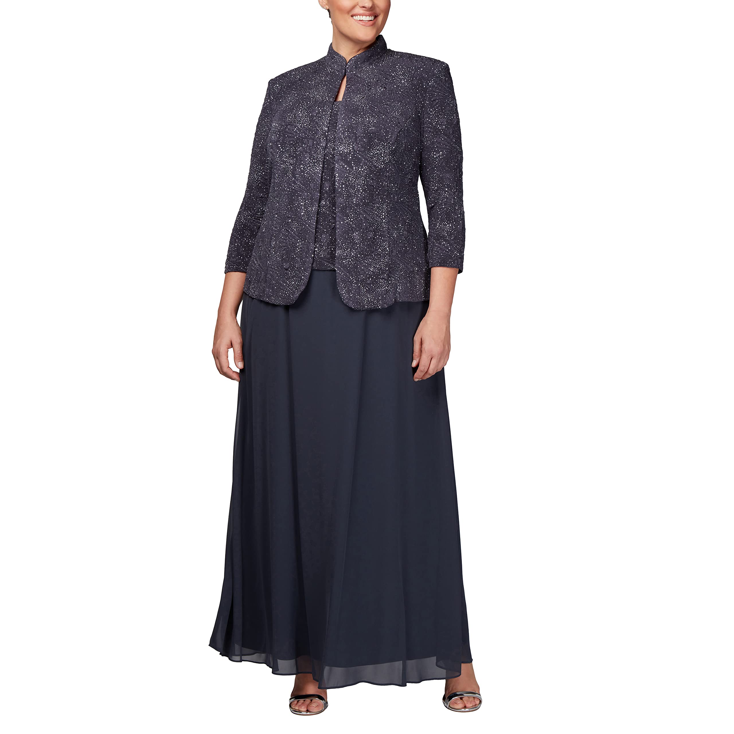 Alex Evenings Women's Formal Long Dress with Mandarin Neckline Jacket - Elegant Evening Gown for Weddings, Parties & Special Occasions (Regular, Petite & Plus Sizes)