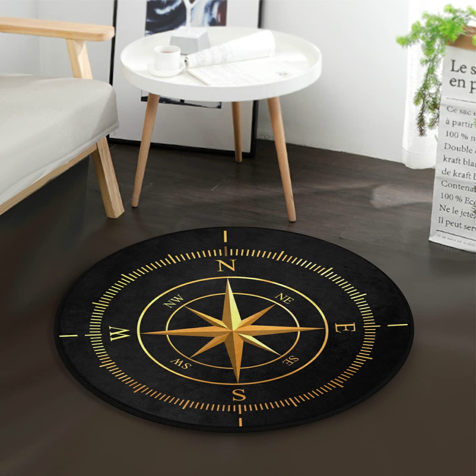 ALAZA Golden Compass Black Round Area Rug 3' Diameter (92 cm) - Soft Non-Slip Floor Mat for Living Room, Bedroom, Nursery | Perfect for Home Decor, Yoga Space & Cozy Reading Nook