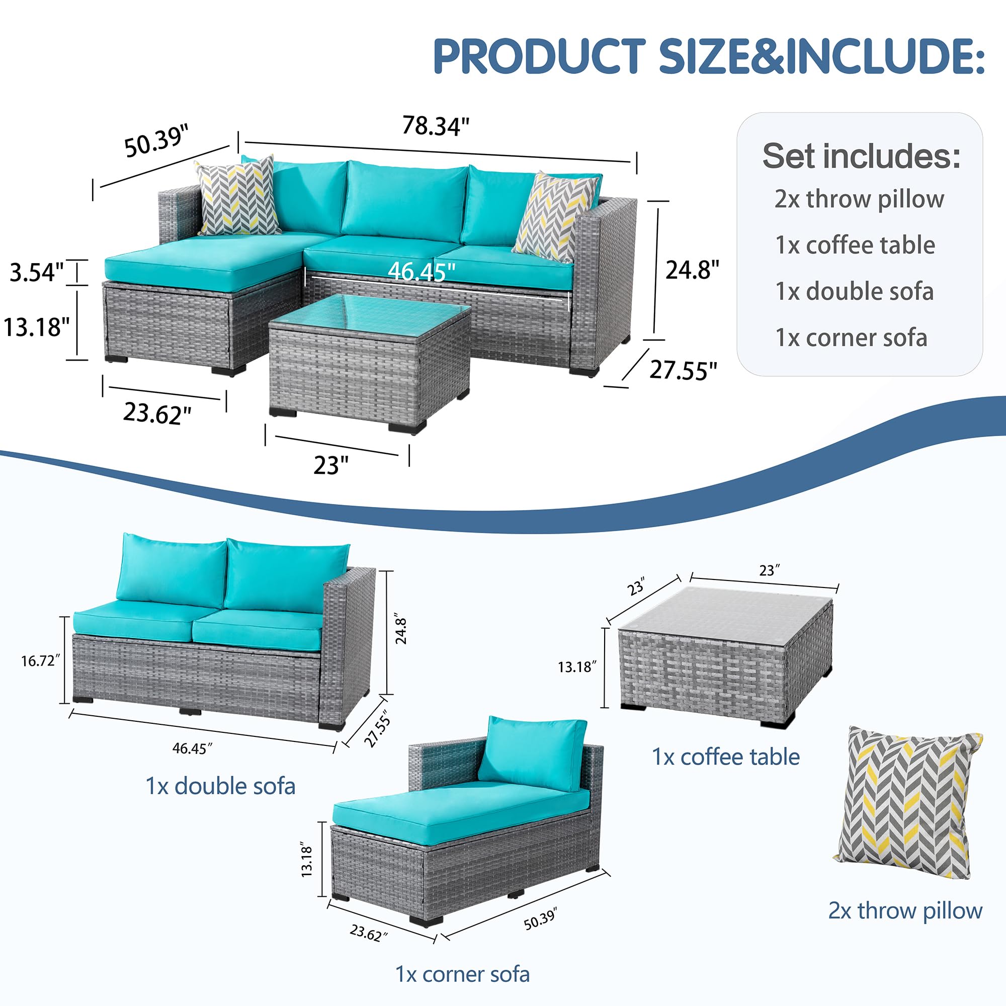 Shintenchi 3-Piece Outdoor Patio Furniture Set - All-Weather Wicker Sectional Sofa with Washable Cushions & Glass Table - Silver & Blue Conversation Set for Garden, Backyard, Poolside or Balcony