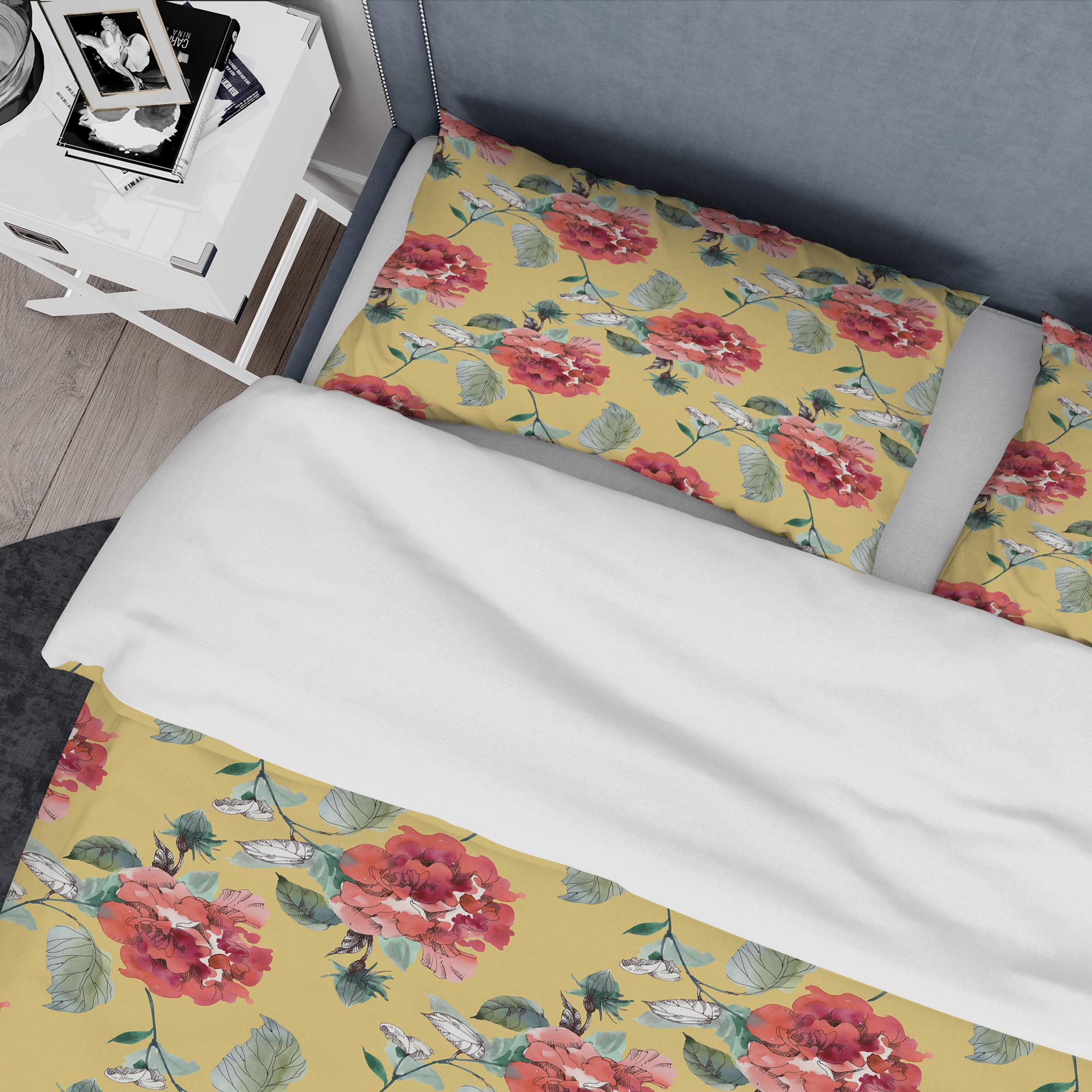 DesignQ Red Rose Floral Duvet Cover Set King Size - Yellow Nautical Coastal Bedding 3-Piece All Season Comforter Set for Beach House & Master Bedroom Decor