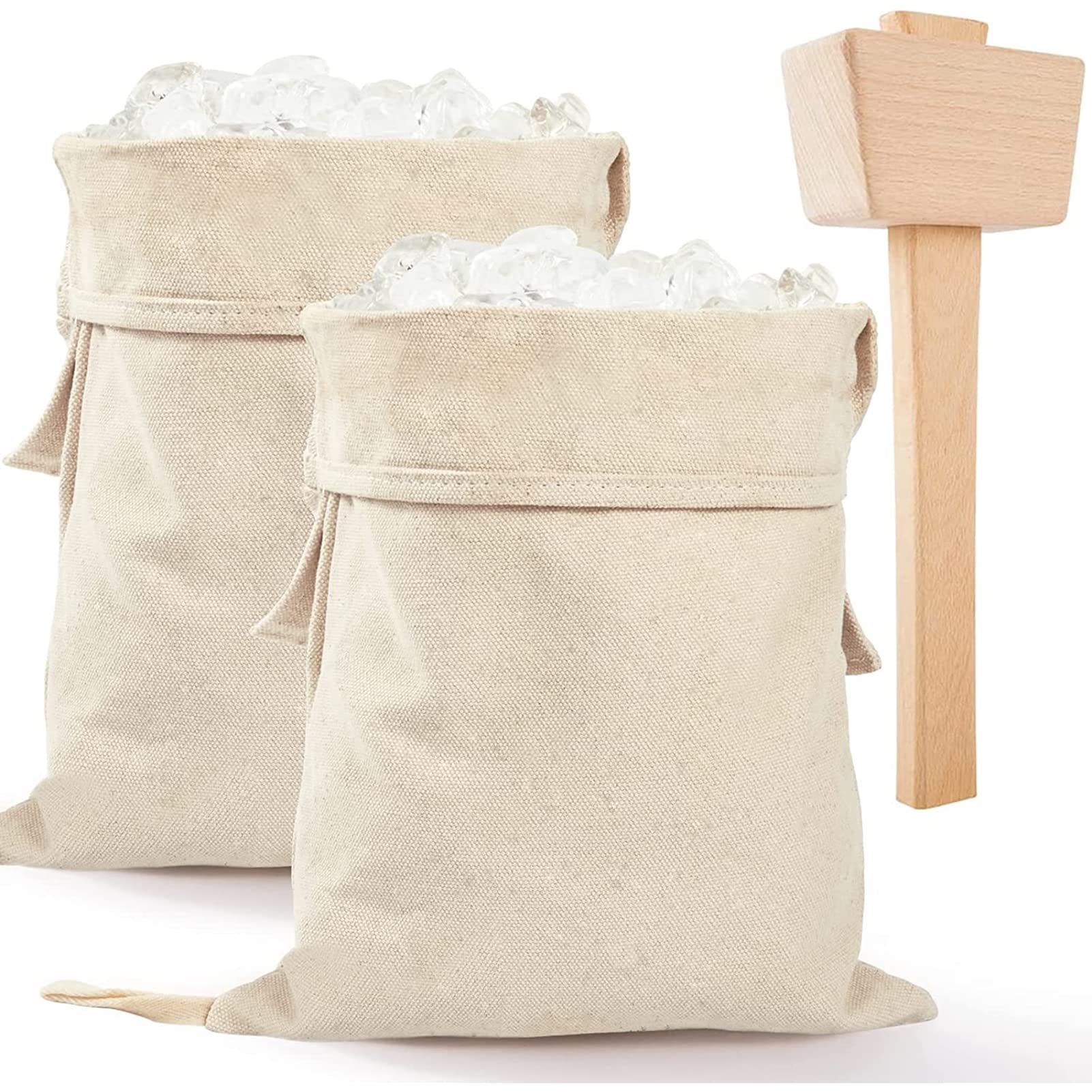 Set of 2 Premium Lewis Ice Bags with Wooden Mallet - 15.3×8.6 Inch Reusable Canvas Ice Crusher Bags for Cocktails, Margaritas & Home Bartending - Perfect for Kitchen, Bar & Party Ice Crushing