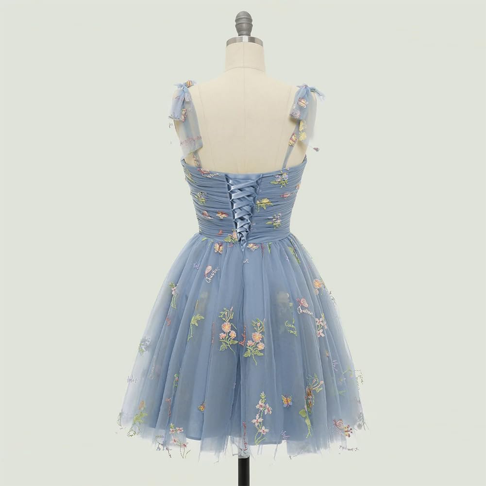 Elegant Women's Tie Strap Tulle Prom Dress with Sweetheart Neckline & Floral Embroidery - Short Formal Party Gown for Homecoming, Prom Night, Cocktail Parties & Special Occasions