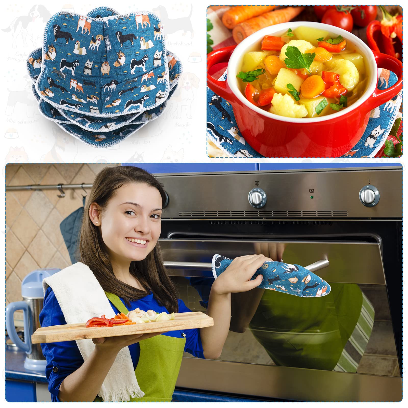 Cunhill Microwave Bowl Holders Set of 4 - Heat Resistant Kitchen Pot Holders for Hot Bowls, Plates & Dishes - Multipurpose Oven Mitts for Cooking & Serving (Dog Design, Blue Green) - Perfect for Microwave, Oven & Dining Table Use