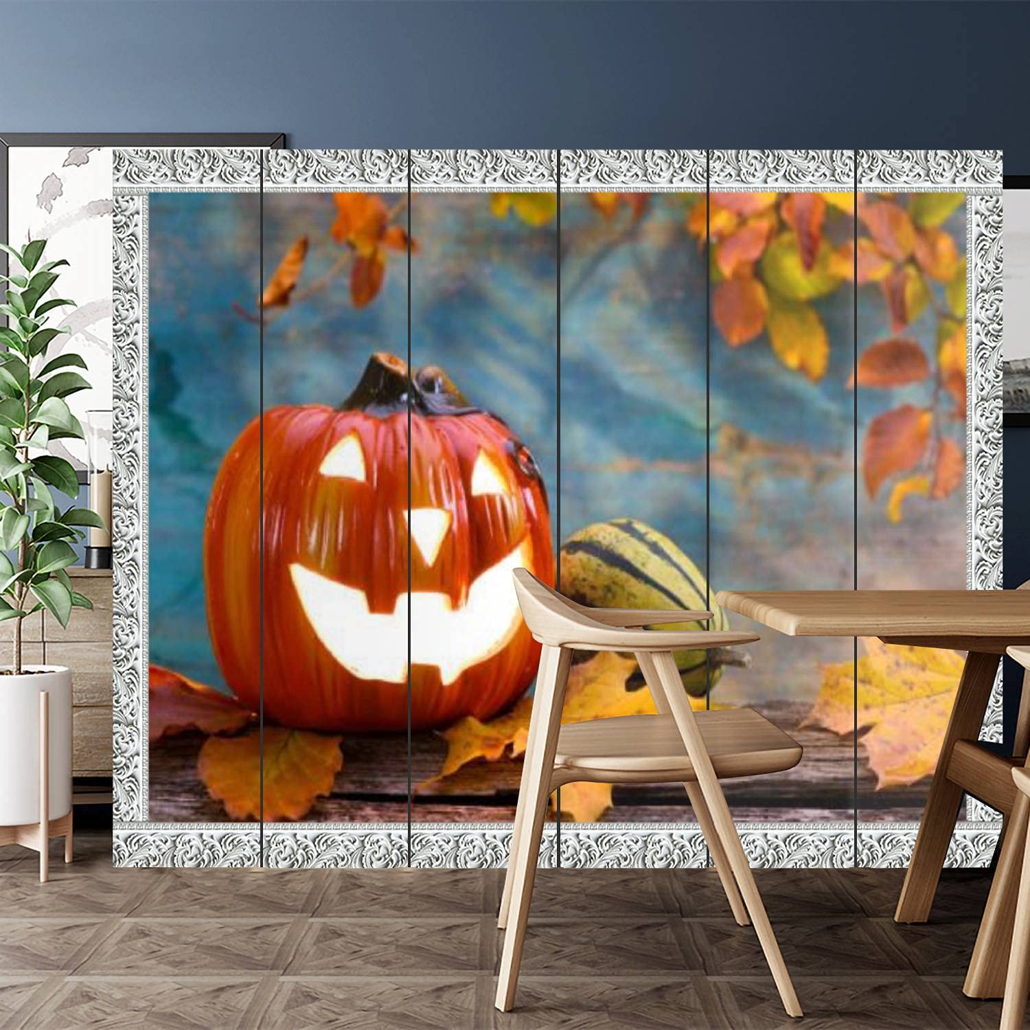 6 Panel Canvas Room Divider Screen - Pumpkin & Leaves Autumn Decorative Privacy Partition for Home, Office, Bathroom & Pool Areas | Foldable Window Style Room Separator for Indoor/Outdoor Use