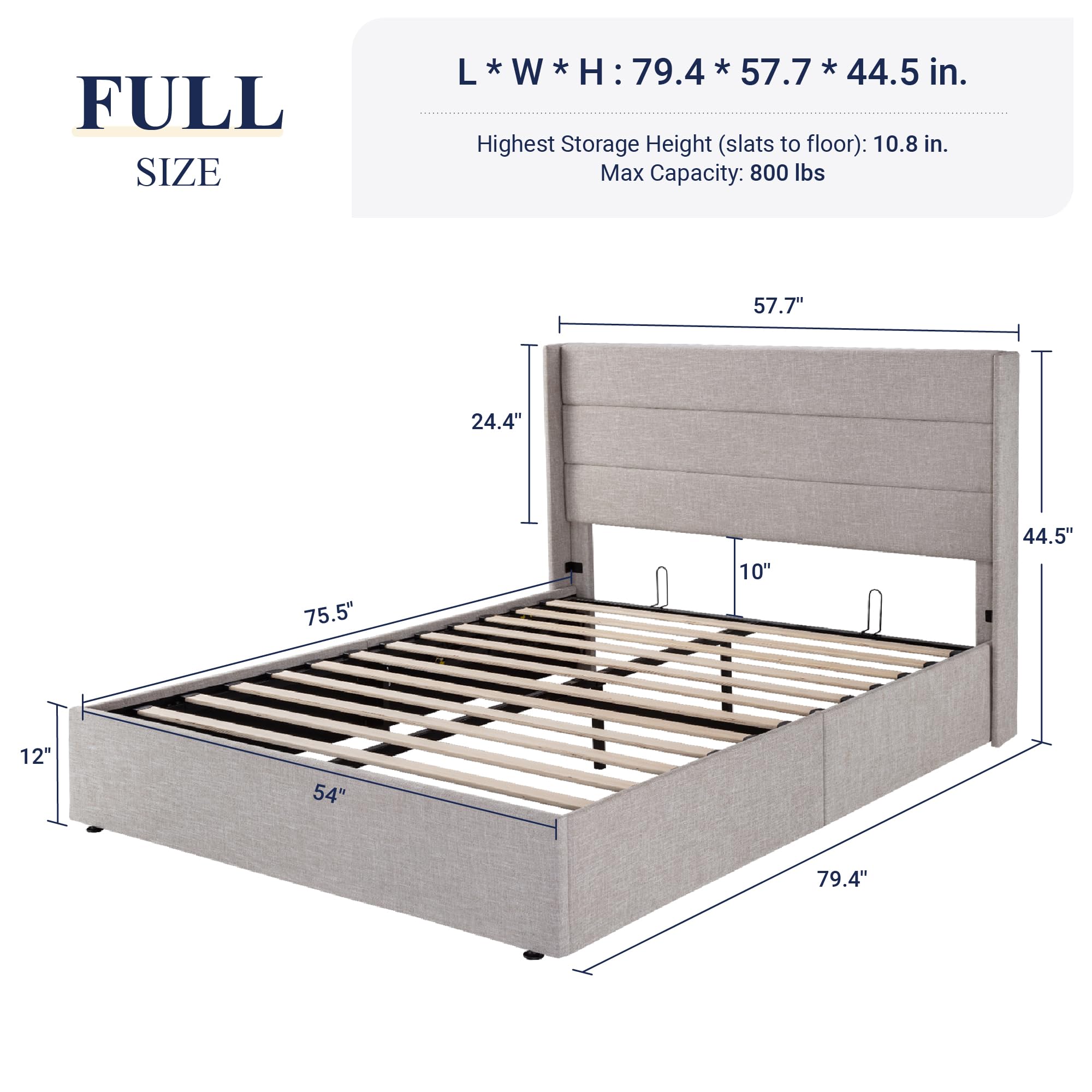 Allewie Full Size Lift Up Storage Bed with Modern Wingback Headboard - Hydraulic Support, No Box Spring Needed, Light Beige - Perfect for Small Bedrooms, Guest Rooms & Space-Saving Solutions