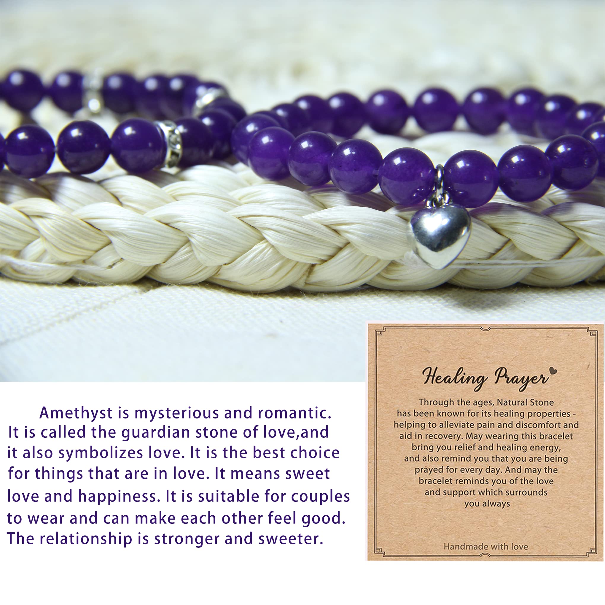 Amethyst Healing Bracelet for Women - 8mm Natural Stone Stress Relief Yoga Beads with Healing Prayers - Perfect Get Well Soon Gift for Meditation, Yoga & Spiritual Wellness