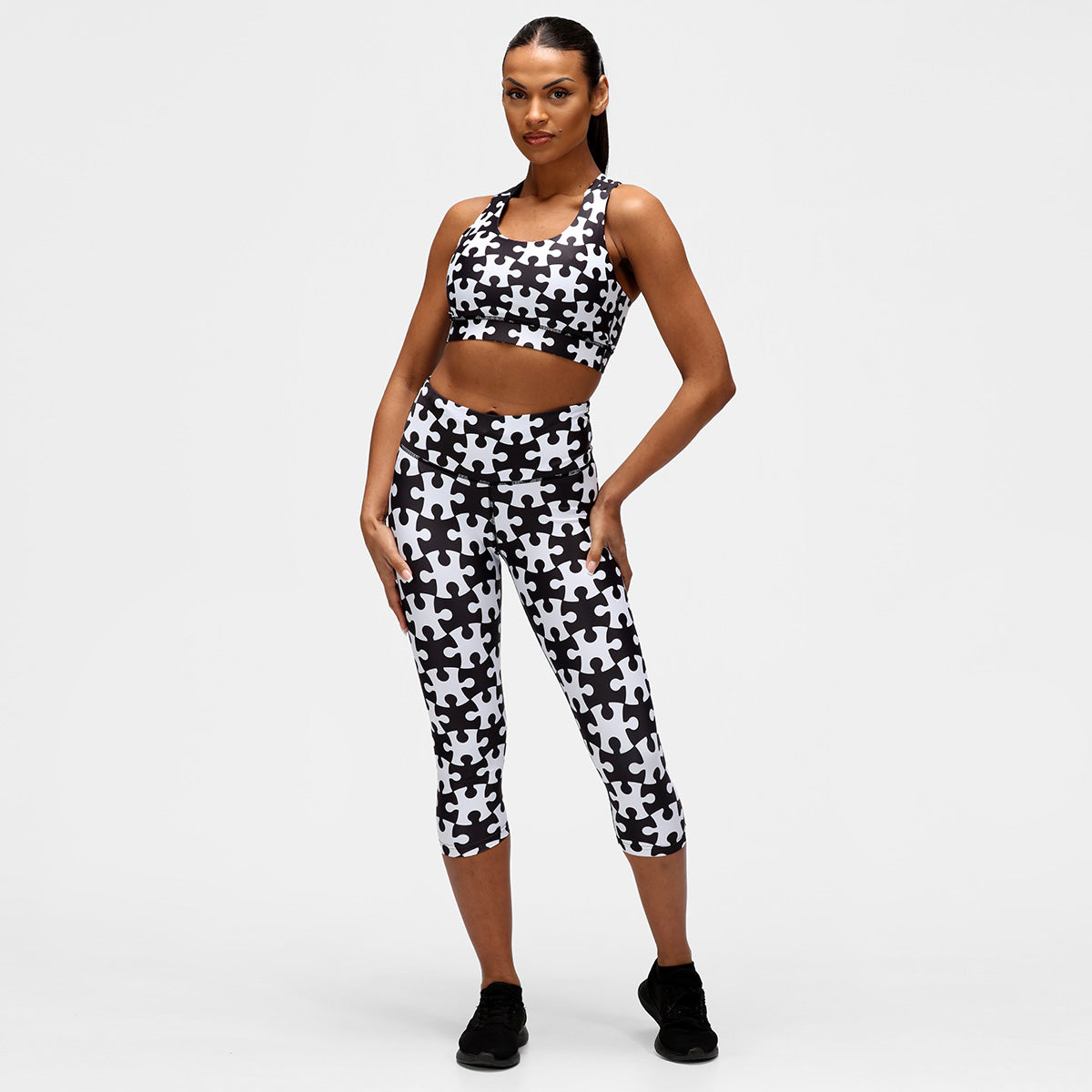 Monochrome Jigsaw Capri Pants - High Waisted Stretchy Yoga Pants for Women - Perfect for Yoga, Workouts & Casual Wear