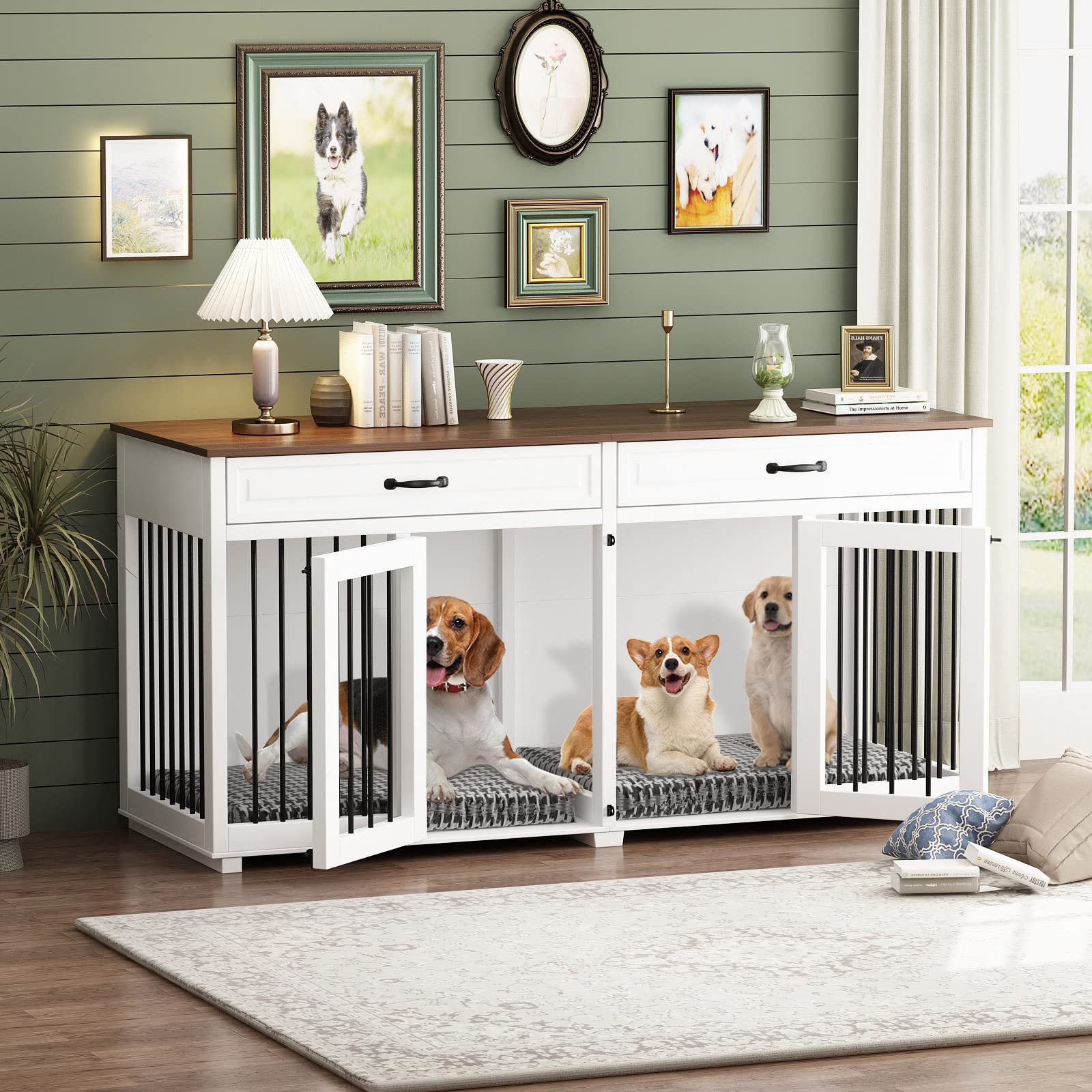 64.6 Inch Heavy Duty Wooden Dog Crate - Furniture Style Indoor Kennel with Drawers & Divider, Double Room Dog House for Large Medium Small Dogs (White) - Perfect for Living Room, Bedroom & Home Decor