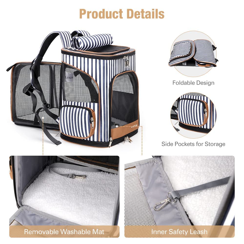 Expandable Cat & Dog Backpack Carrier - Foldable Pet Travel Backpack with Safety Leash for Small Pets | Airplane Approved, Hiking, Outdoor Adventures (Black)