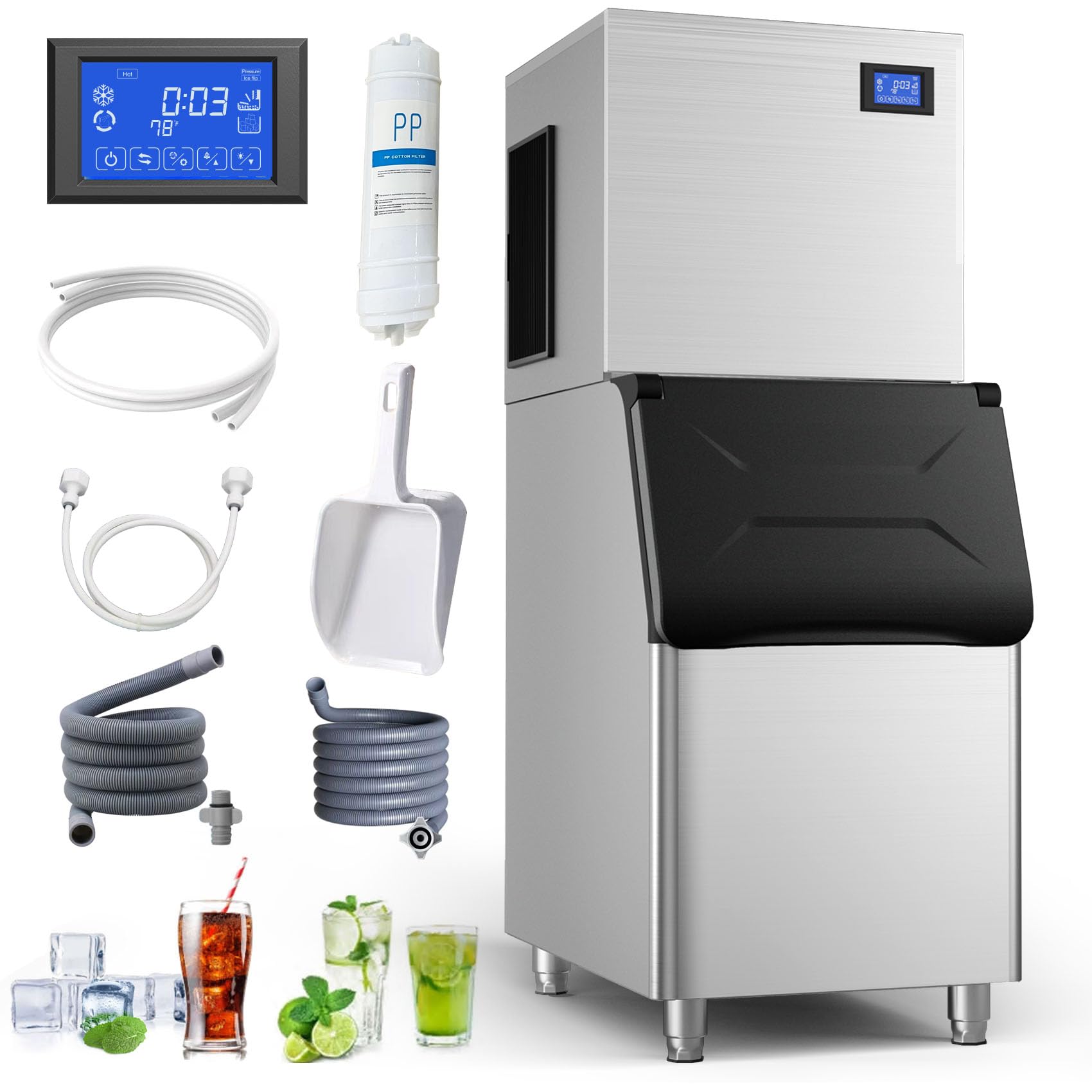 Commercial Ice Maker Machine 530Lbs/24H, Stainless Steel Industrial Ice Machine with 350Lbs Storage - Ready in 7-13 Minutes for Bars, Cafes, Restaurants & Commercial Use - Perfect for Beverage Service, Food Preservation & Large Events