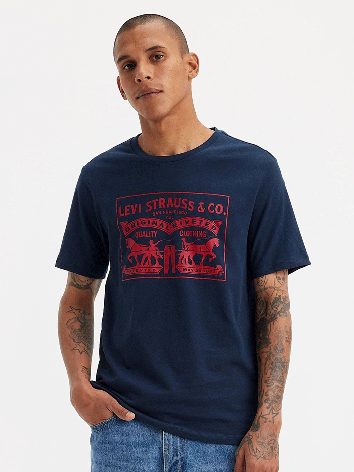 Levi's Men's Two Horse Pull Graphic Tee Shirt - Navy Blue Cotton Crewneck T-Shirt for Casual Wear & Street Style
