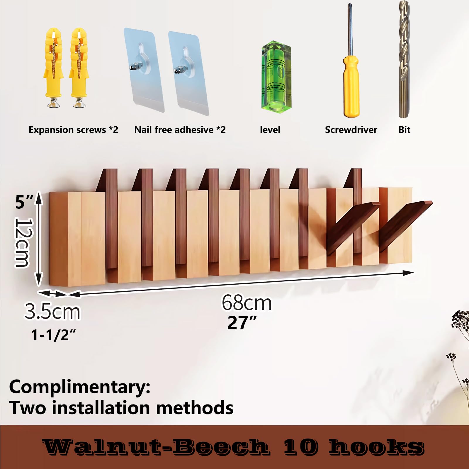 Tlongxia 10-Hook Wall Mounted Coat Rack - Natural Walnut & Beech Solid Wood Hangers with Non-Woven Fabric for Closet Organization | Perfect for Entryway, Bedroom, Bathroom & Kitchen Storage