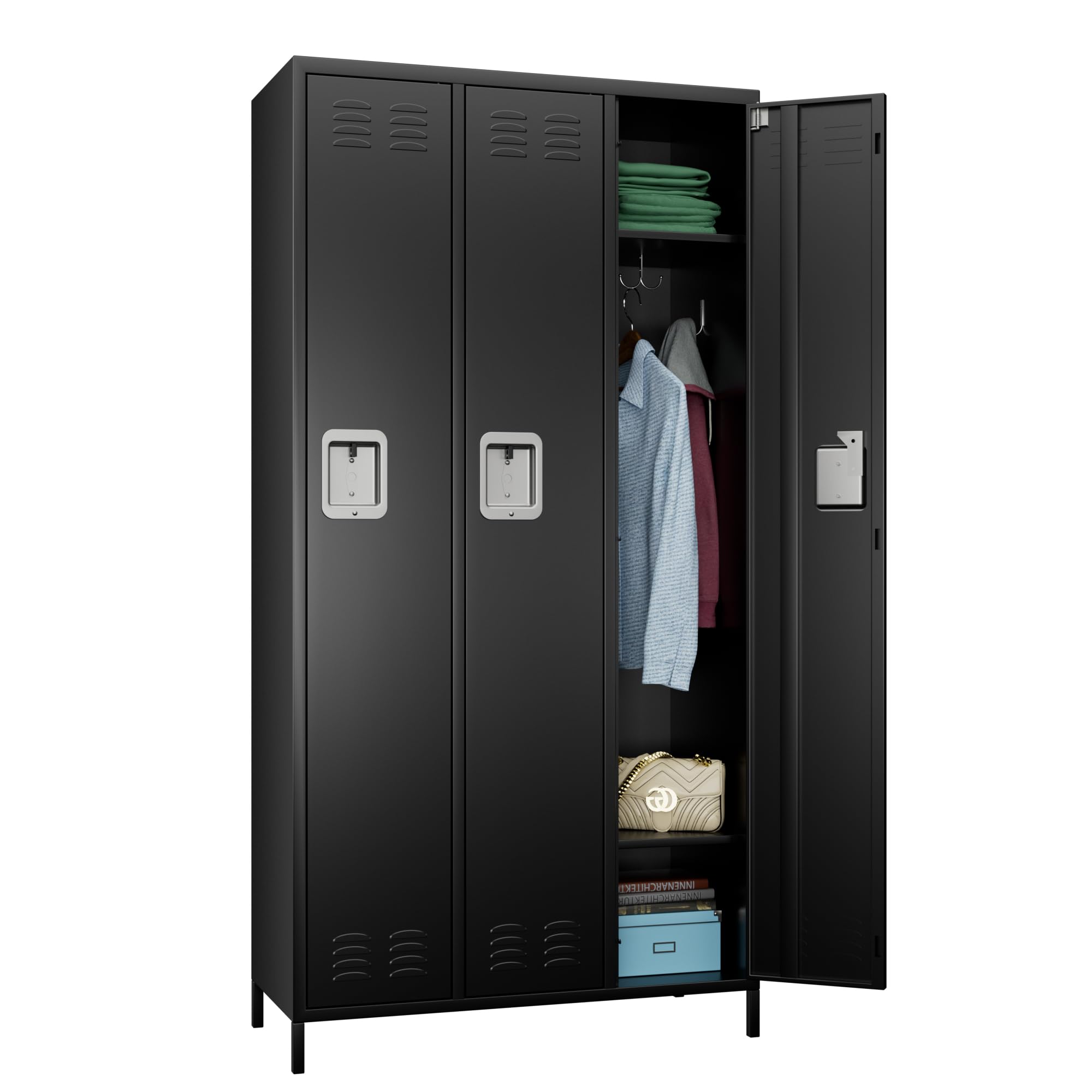 Aobabo 3-Door Steel Storage Locker - Heavy Duty Metal Cabinet for Office, Gym, Bedroom & Dorm - Industrial Locker with 6 Hooks (Black, Assembly Required) - Perfect for Employee Storage, School Lockers & Sports Equipment Organization