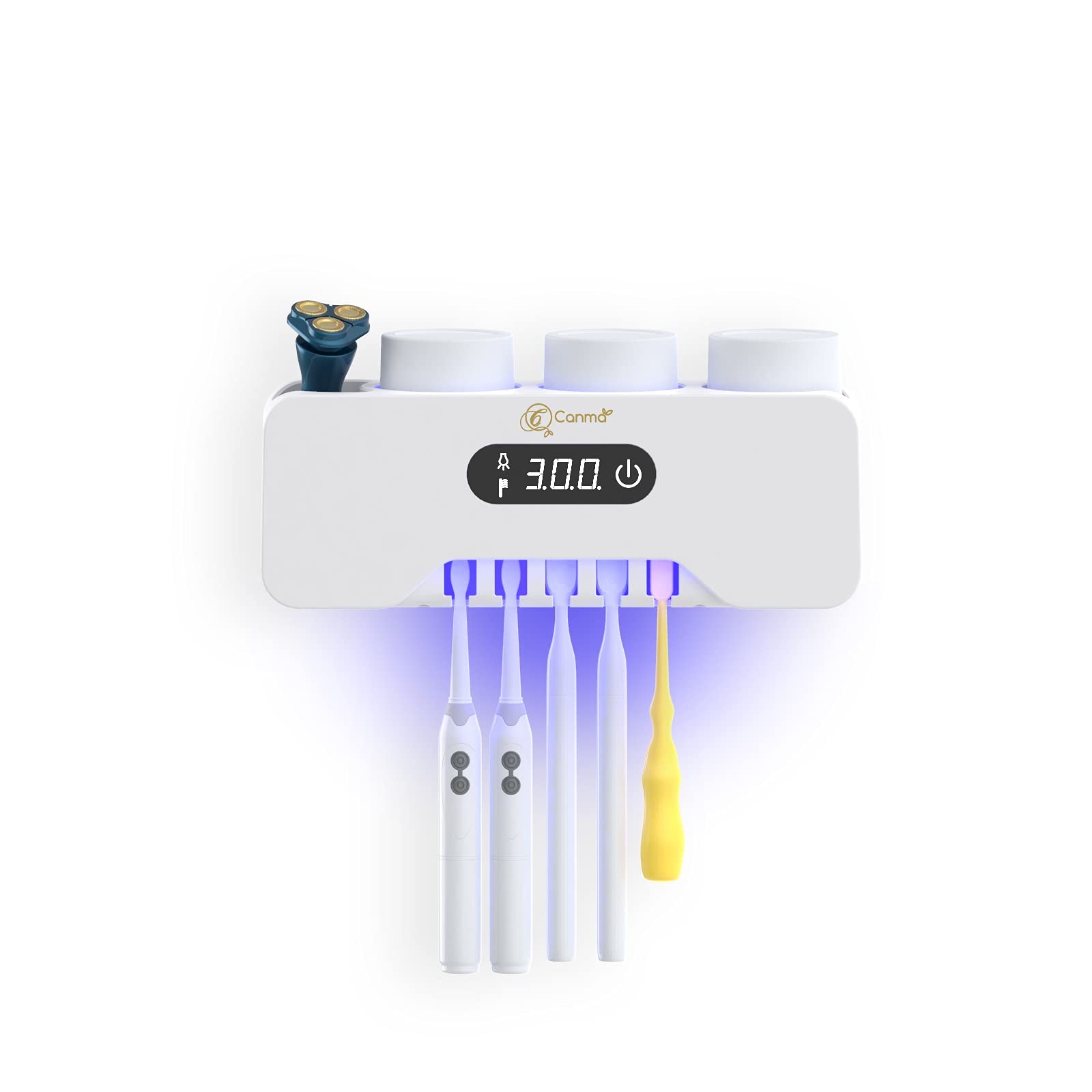 CANMA Wall Mounted Toothbrush Holder with 5 Slots, 3 Cup Holders & Razor Storage - Bathroom Organizer for Toothbrushes, Cups & Shaving Essentials | Perfect for Small Bathrooms, Vanities & Travel