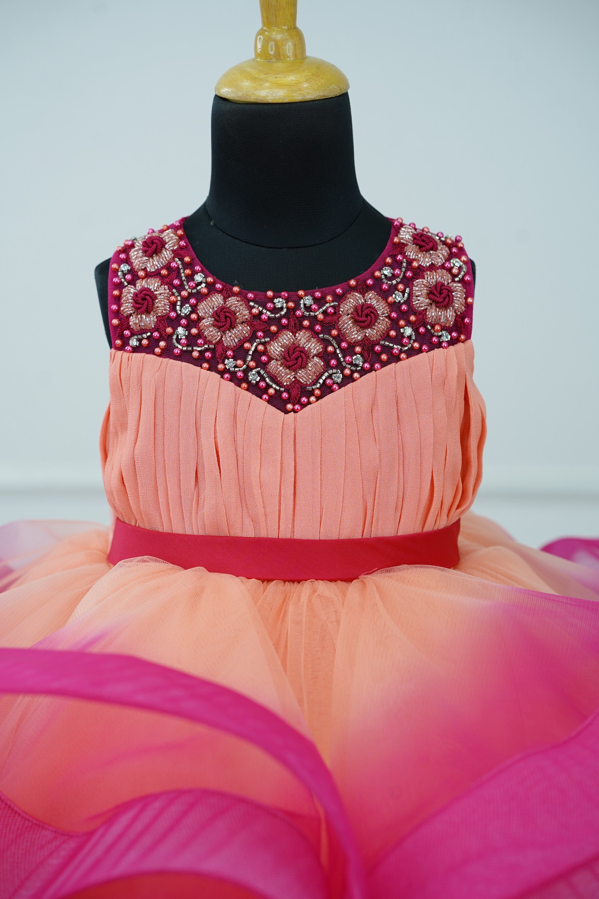 Pre Order: Peach & Dark Pink Double Shaded Twirled Party Gown with Hand-Embroidered Yoke - Perfect for Prom, Evening Gala & Special Occasions