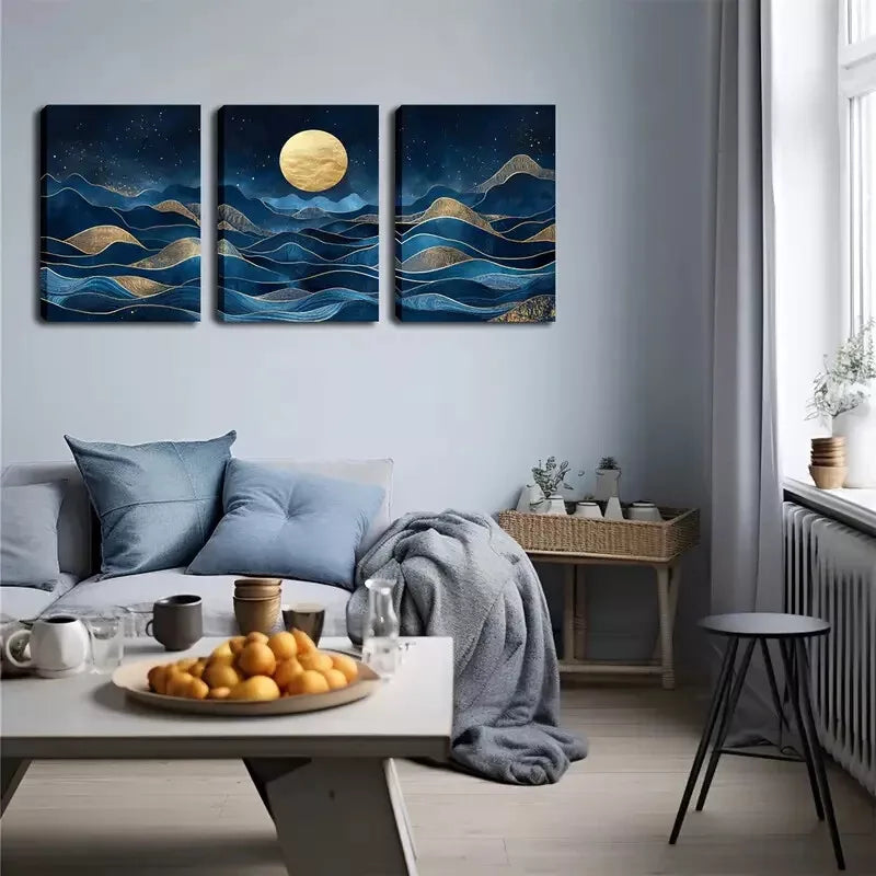 3-Piece Blue Abstract Mountain and Moon Wall Art Set - Framed Canvas 40x60cm (16x24in) - High Quality Print - 100% Australian Made - Ready to Hang - Perfect for Living Room, Bedroom & Office Decor