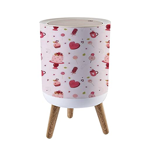 Small Round Trash Can with Lid - 7L/1.8 Gallon Seamless Press Cover Garbage Bin for Kitchen, Bathroom, Office - Perfect for Sweet Confections, Pastries & Cake Decorating - Wood Leg Design Wastebasket