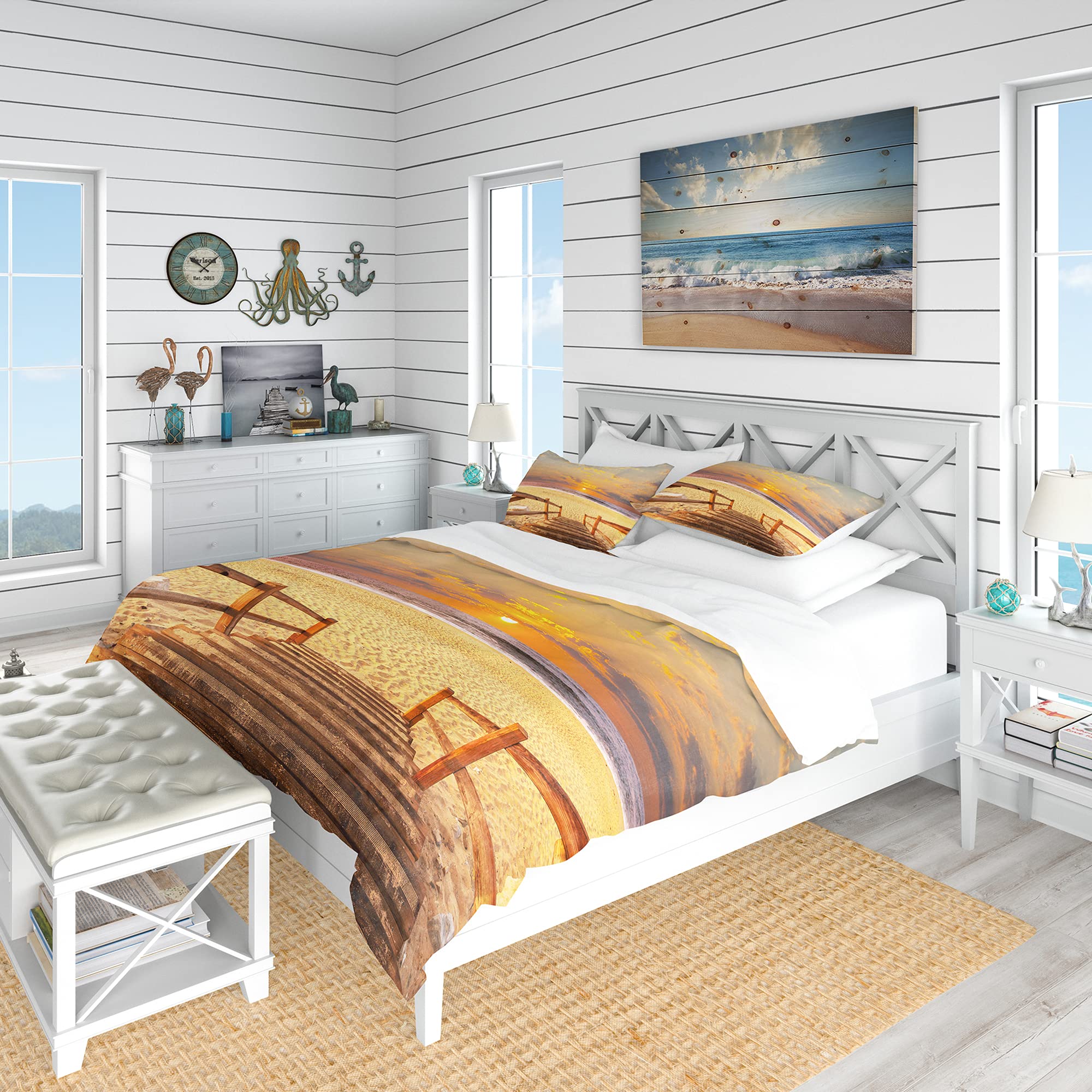 Brown Wooden Boardwalk Beach Duvet Cover Set - King Size Coastal Bedding, 3-Piece Nautical Theme All-Season Comforter Set for Beach House & Coastal Decor