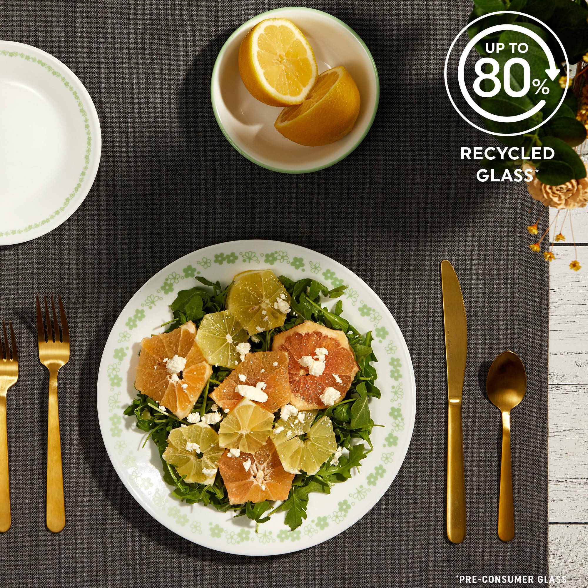 Corelle Vitrelle 18-Piece Dinnerware Set for 6, Chip & Crack Resistant Glass Plates & Bowls, Spring Blossom Green - Perfect for Everyday Dining, Family Gatherings & Dinner Parties