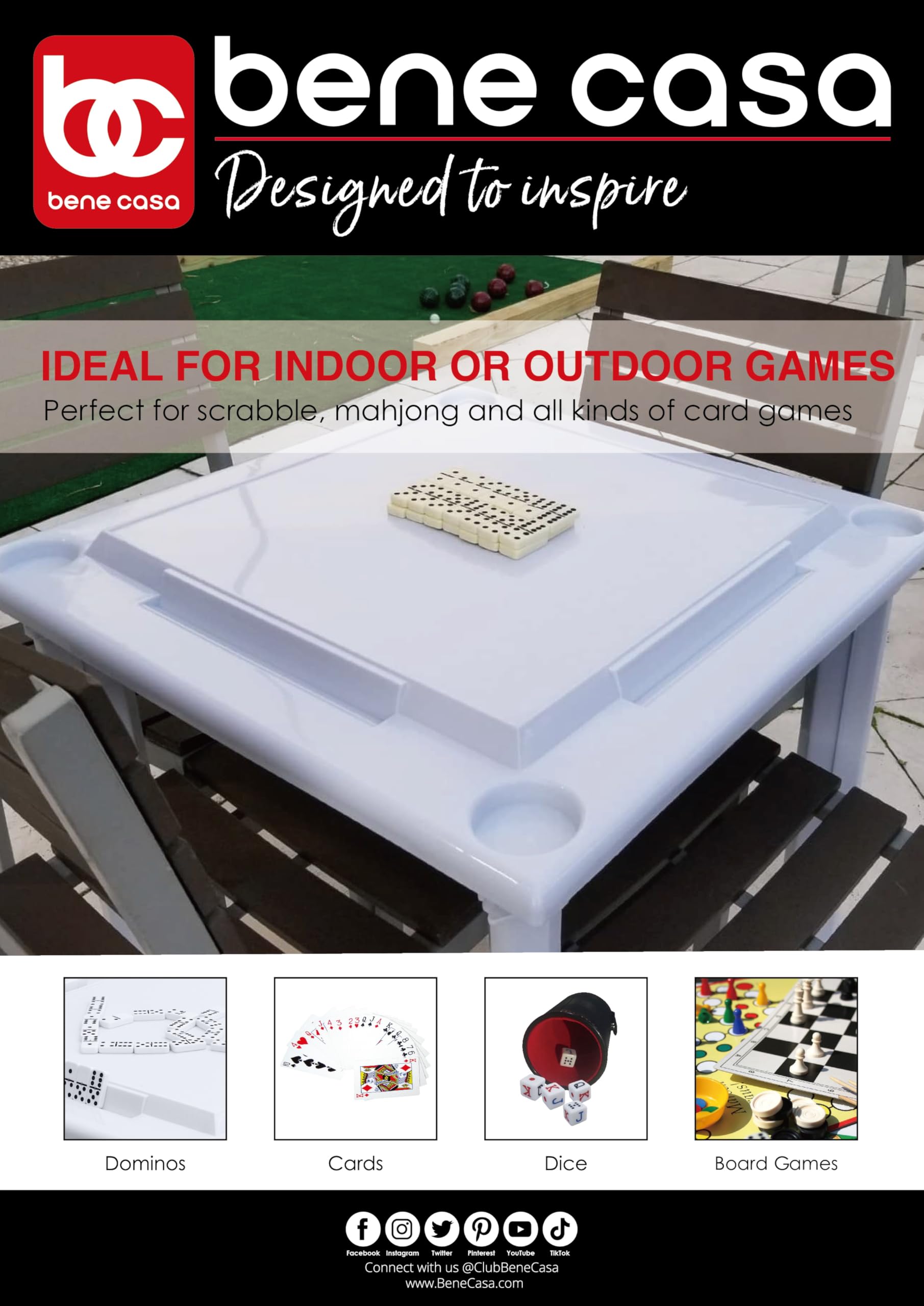 Bene Casa White Game Table with Domino & Scrabble Racks - Indoor & Outdoor Use for Parties