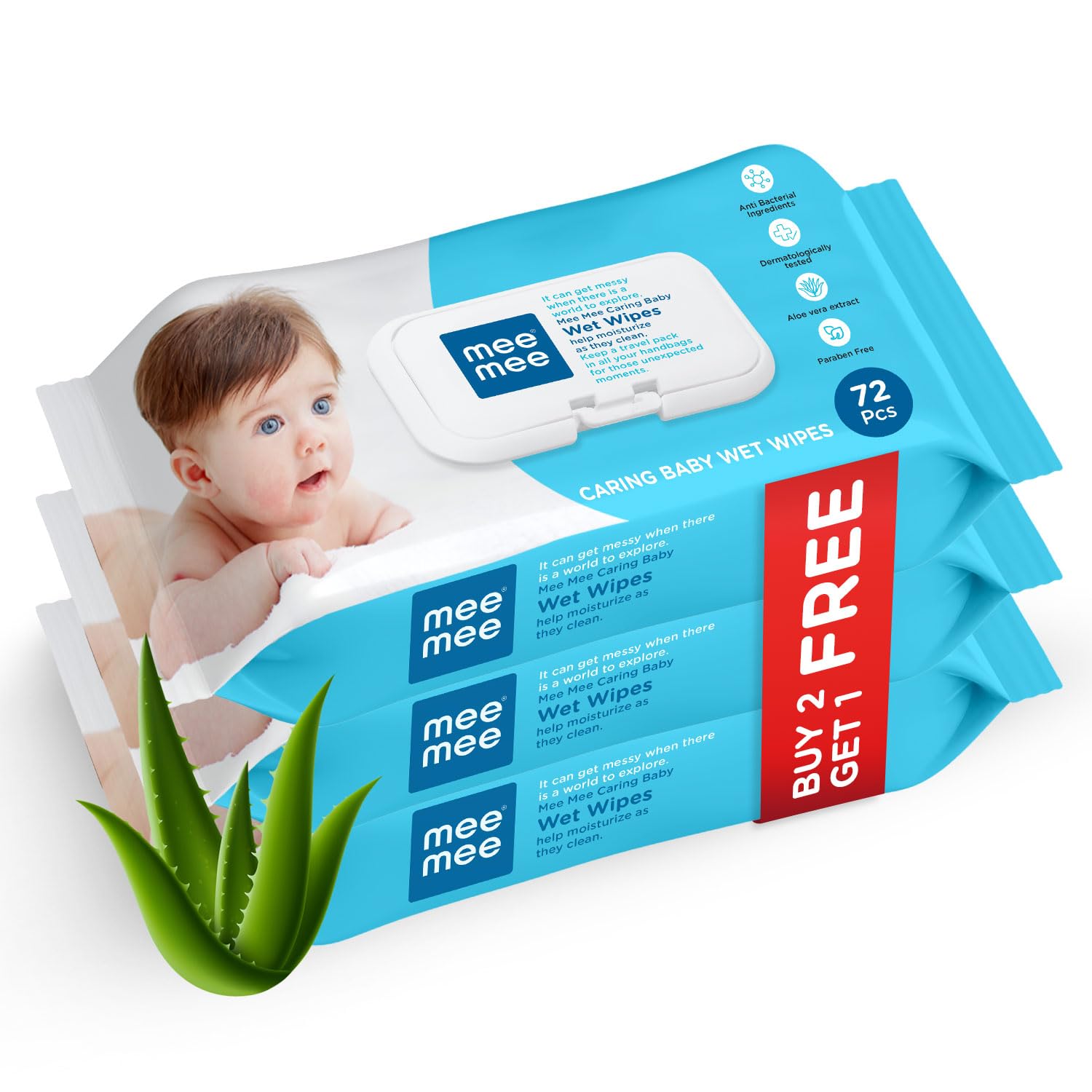 Mee Mee Caring Baby Wet Wipes with Lid - 72 Count (Aloe Vera, 3-Pack) | Gentle & Hypoallergenic for Diaper Changes, Face & Hand Cleaning | Perfect for Travel, Nursery & On-the-Go Use
