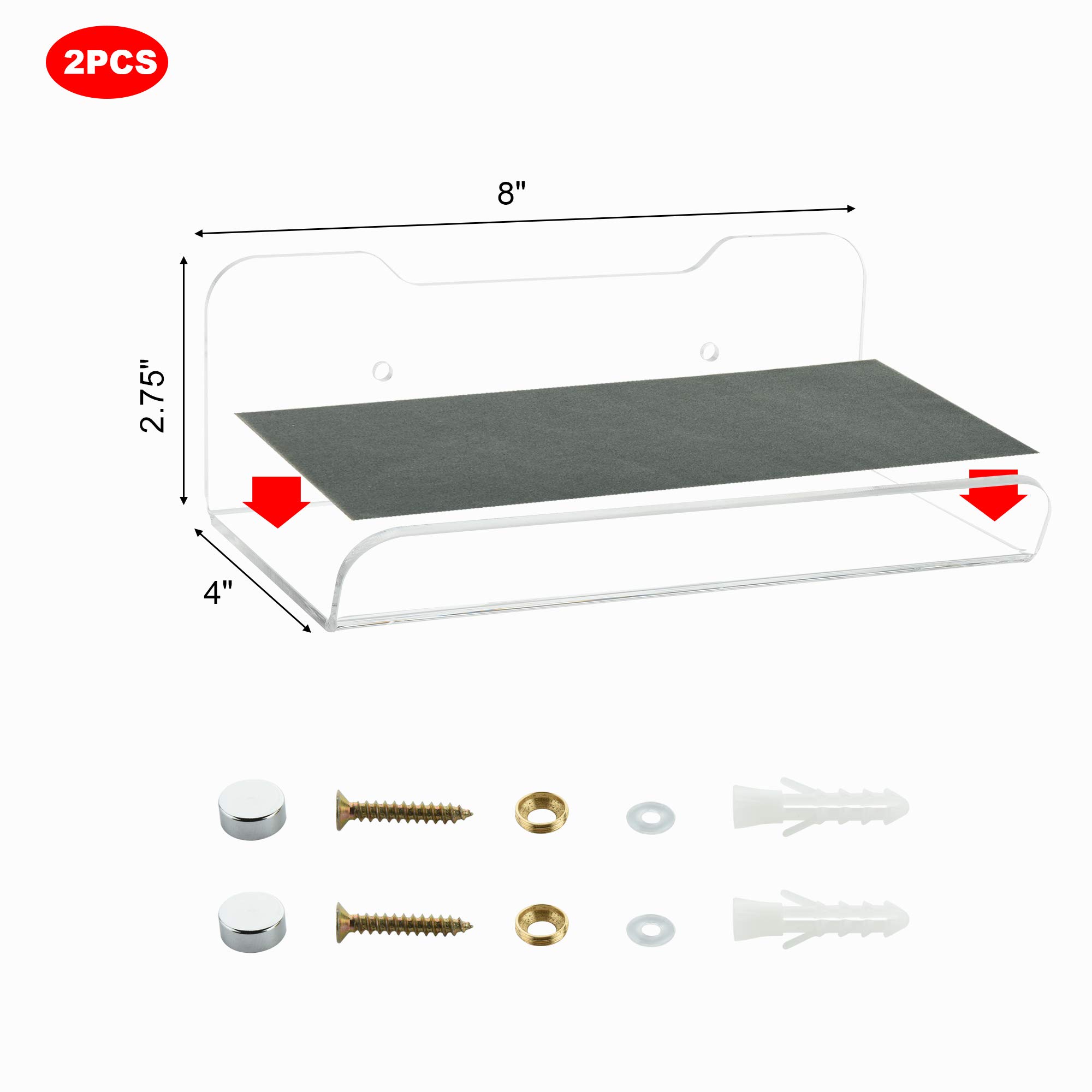 2 Pack Acrylic Floating Wall Shelves - 8 Inch Clear Transparent Wall Mount Display Shelves for Home Decor, Bedroom, Office - Perfect for Books, Speakers, Figures, Photos & Decorative Items (2 Pcs)