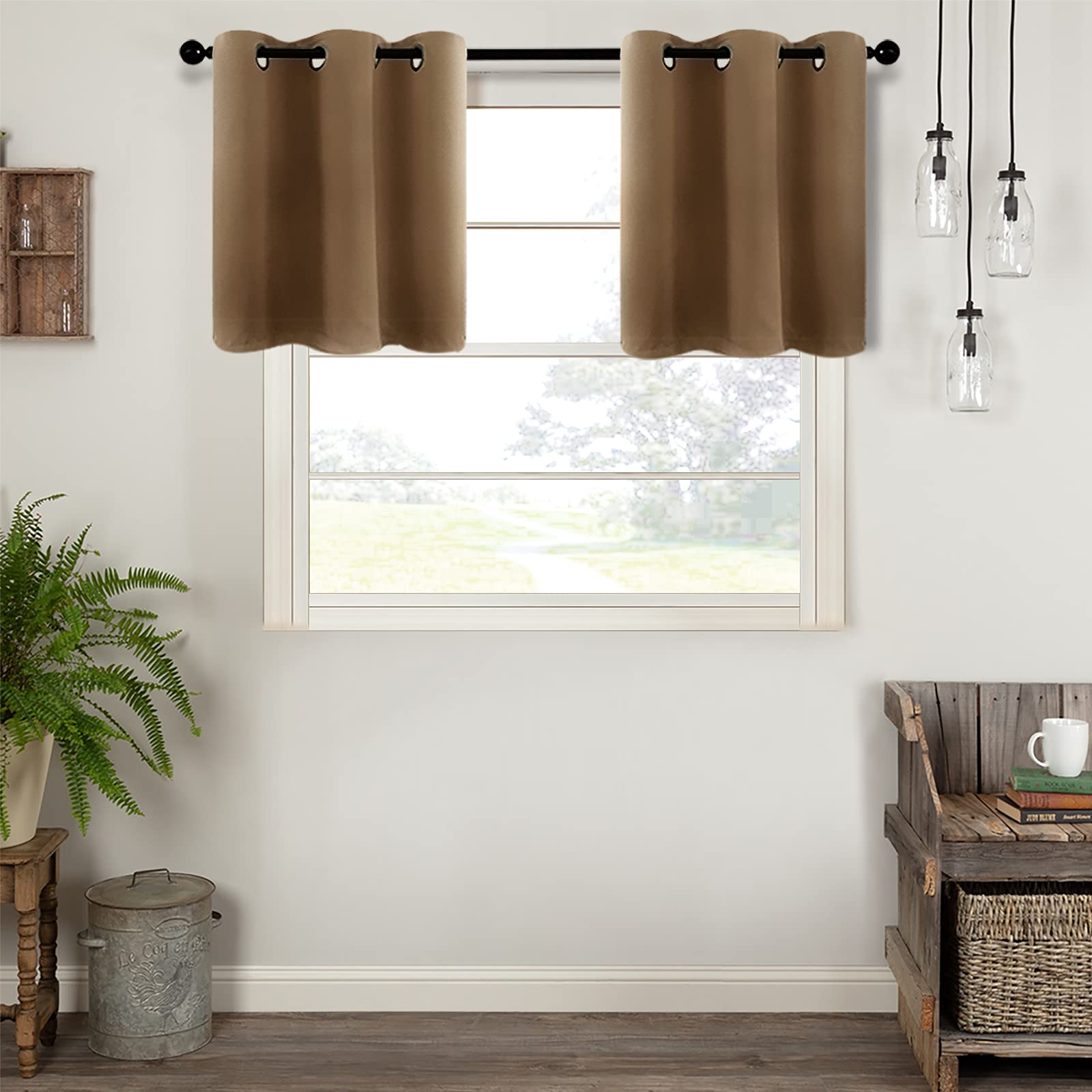 MRTREES Blackout Tier Curtains 24 Inch - Room Darkening Kitchen & Bathroom Short Curtains, Brown Triple Weave Small Cafe Curtains with Grommet Top - Set of 2 Panels for Half Window Treatment - Perfect for Bedroom, Living Room & Office Privacy