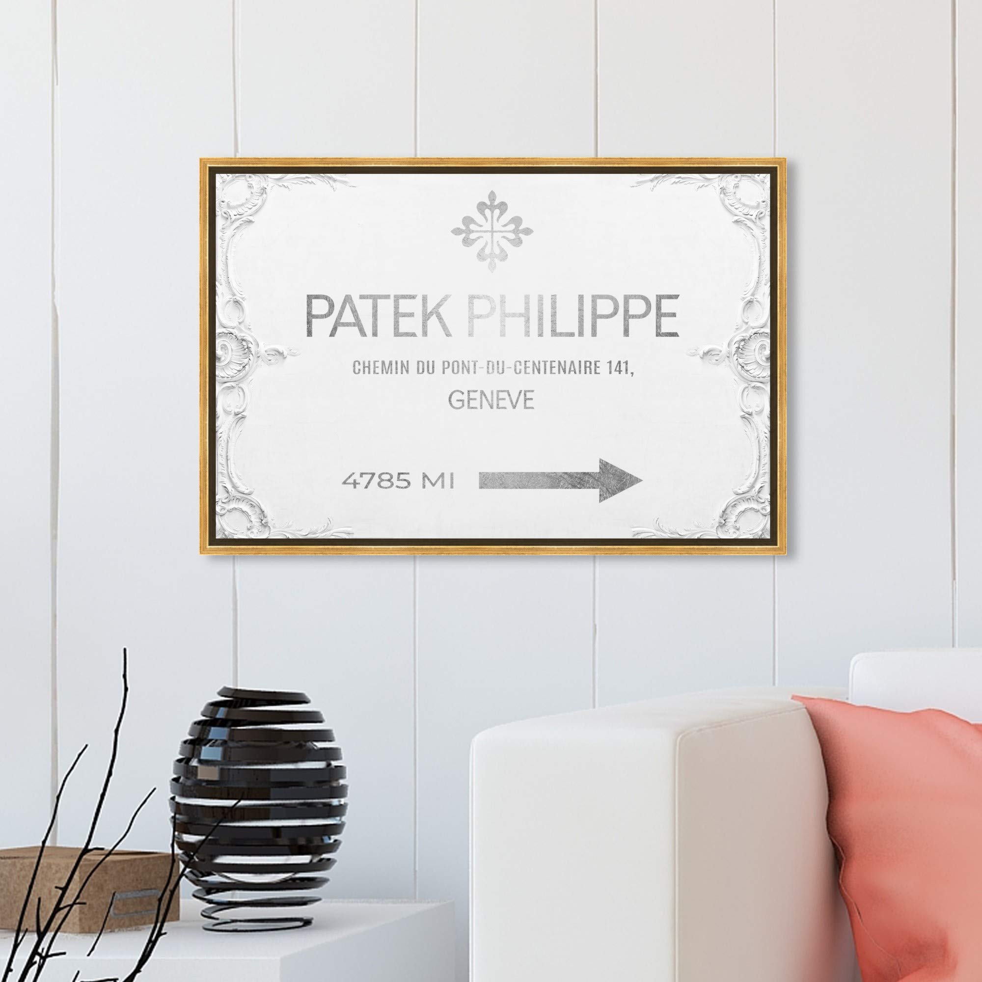 Oliver Gal Artist Co. Fashion & Glam Wall Art Framed Canvas Print - Geneva Watches Road Signs Home Decor, 30x20 Inches, Gray & White - Perfect for Living Room, Bedroom & Office Wall Decor