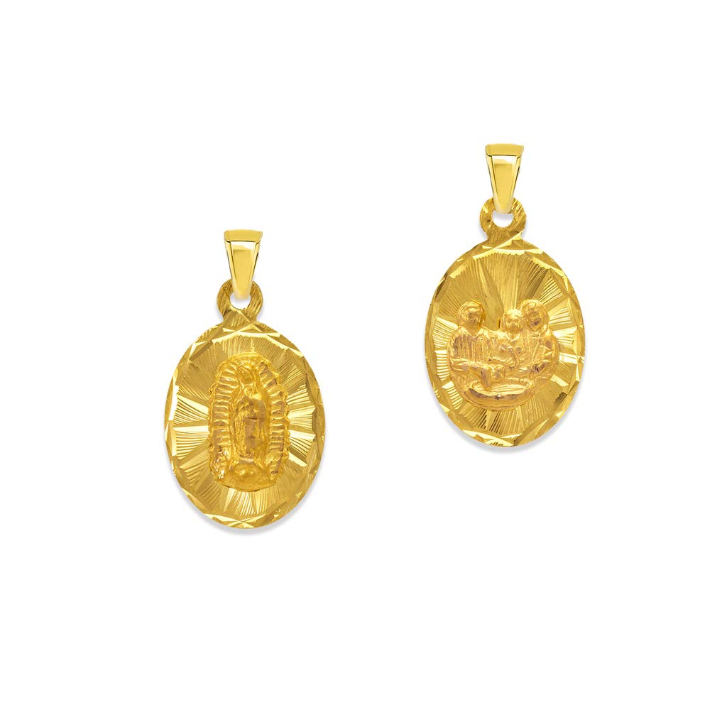 14K Yellow Gold Oval Guadalupe & Sacred Heart Two-Sided Catholic Pendant Necklace for Women & Men - 8x11MM Religious Jewelry Gift for Baptism, First Communion & Faith Devotion
