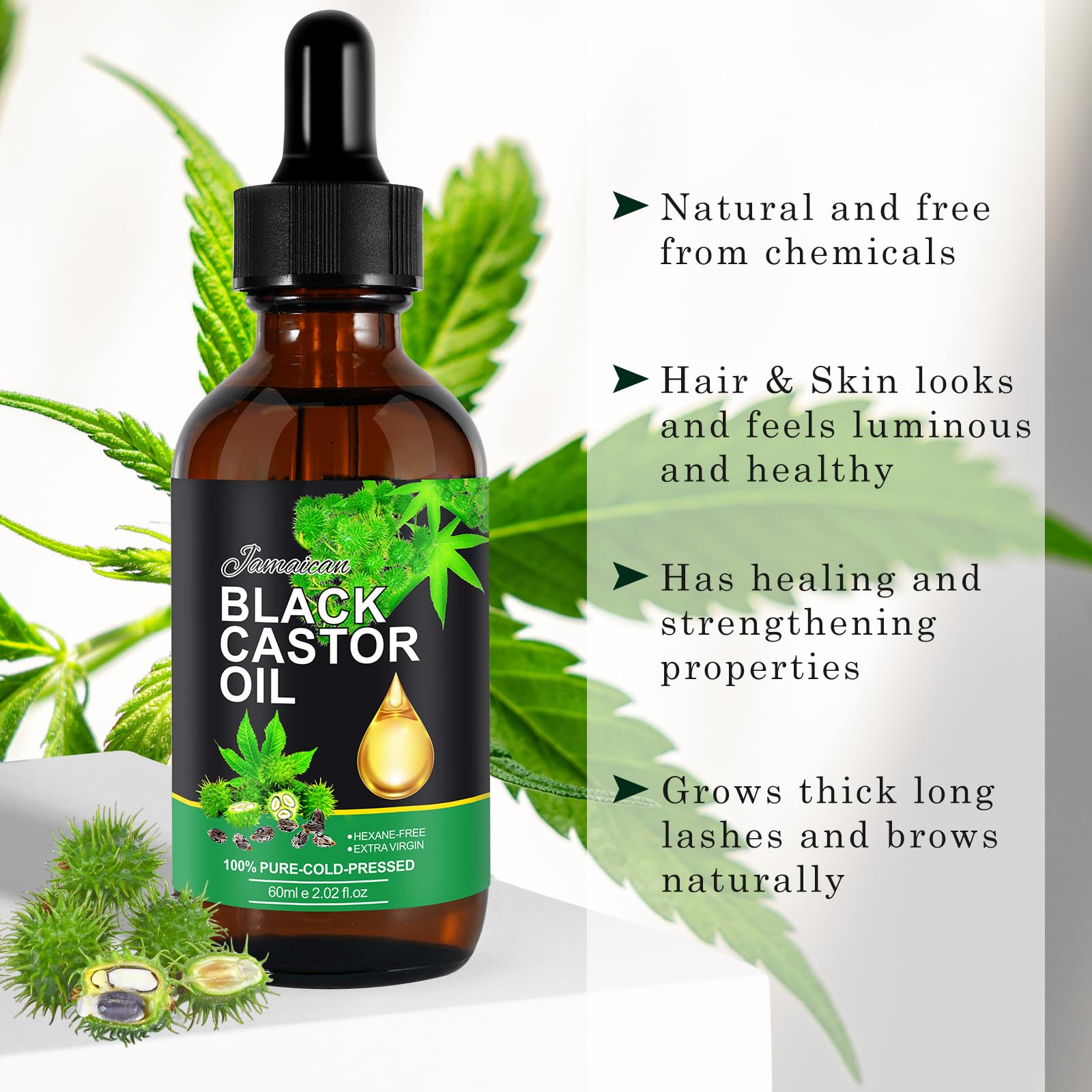 **100% Pure Jamaican Black Castor Oil - Organic, Cold-Pressed & Unrefined for Hair Growth (Eyelashes & Eyebrows), Skin Nourishment & Muscle Relaxation – 60ml | Perfect for Natural Hair Care, Skin Hydration & Post-Workout Recovery**